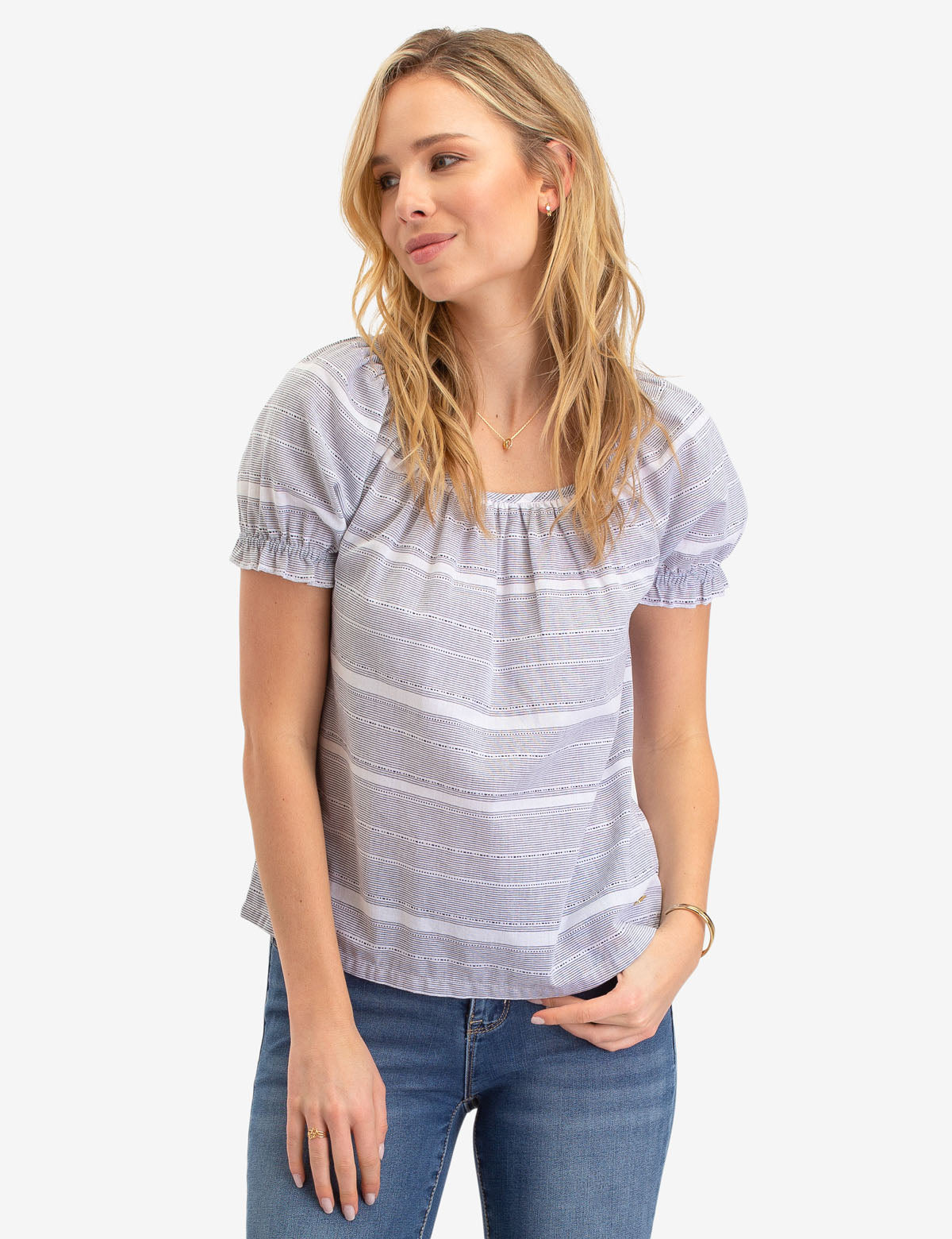 Striped Short Sleeve Shirt with Scoop Neck & Puff Sleeves