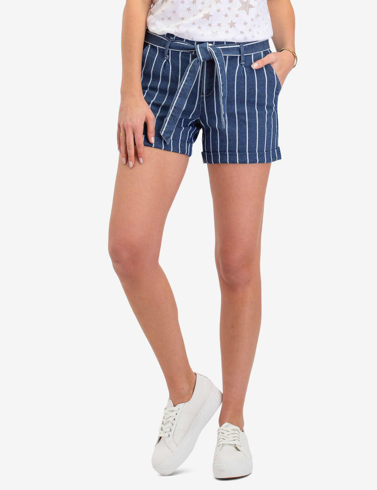 Stretch Denim Shorts with Stripe Design & Tie Front | Eco-Friendly