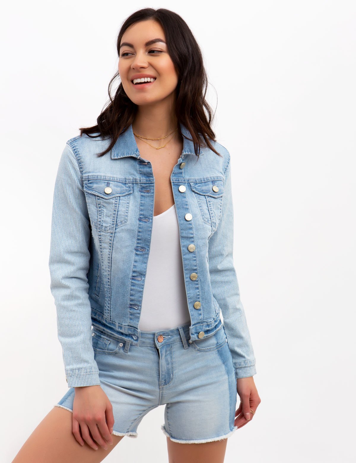 Striped Sleeve Denim Jacket with Cotton Blend | US Assn Logo