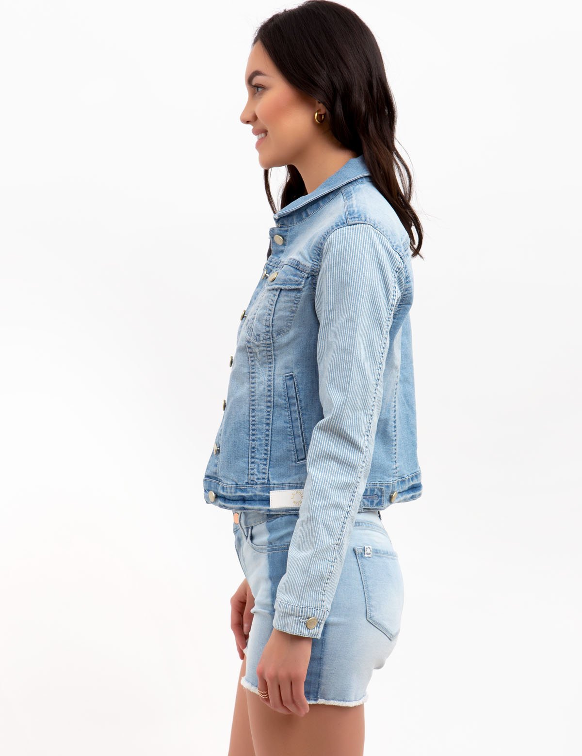 Striped Sleeve Denim Jacket with Cotton Blend | US Assn Logo