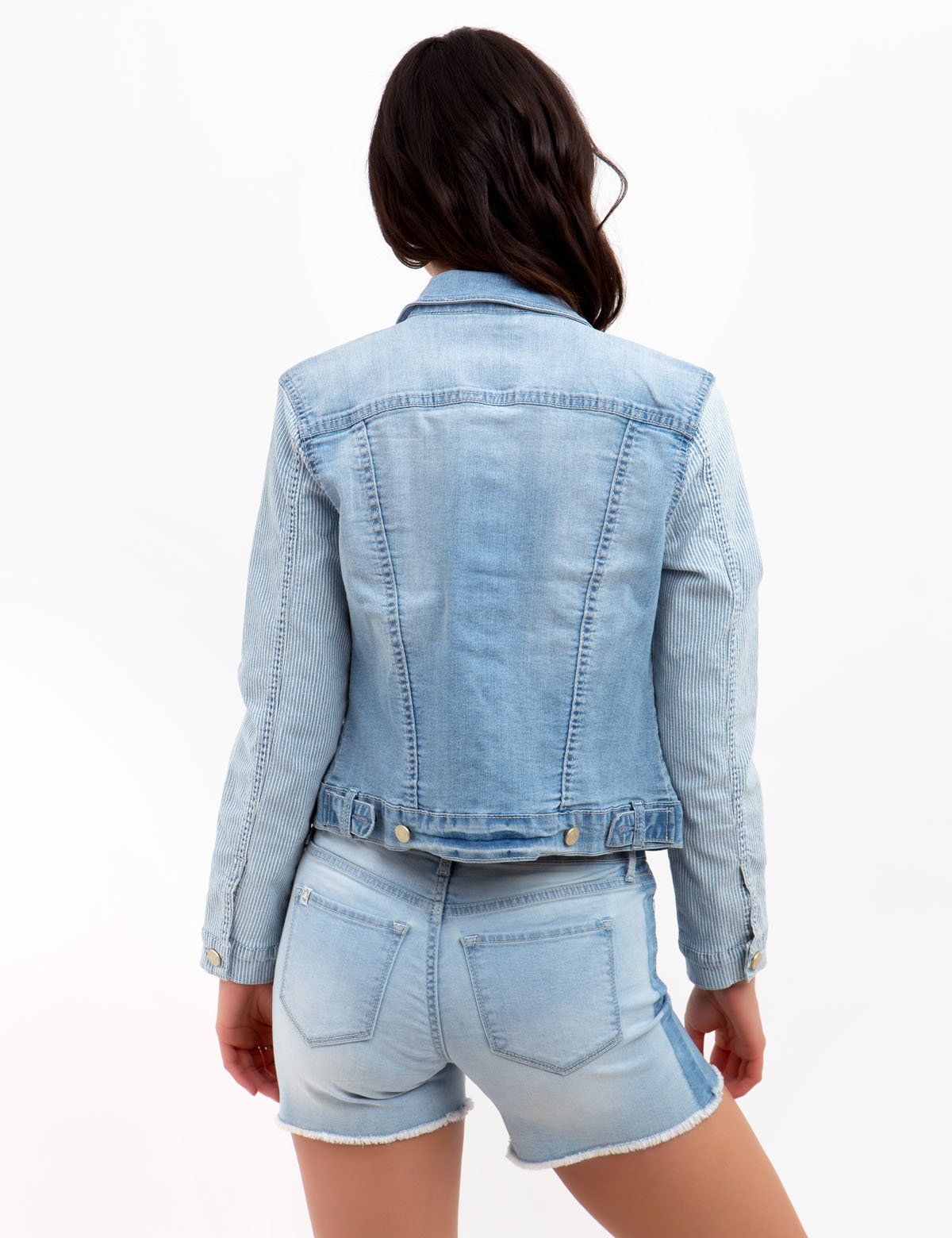 Striped Sleeve Denim Jacket with Cotton Blend | US Assn Logo