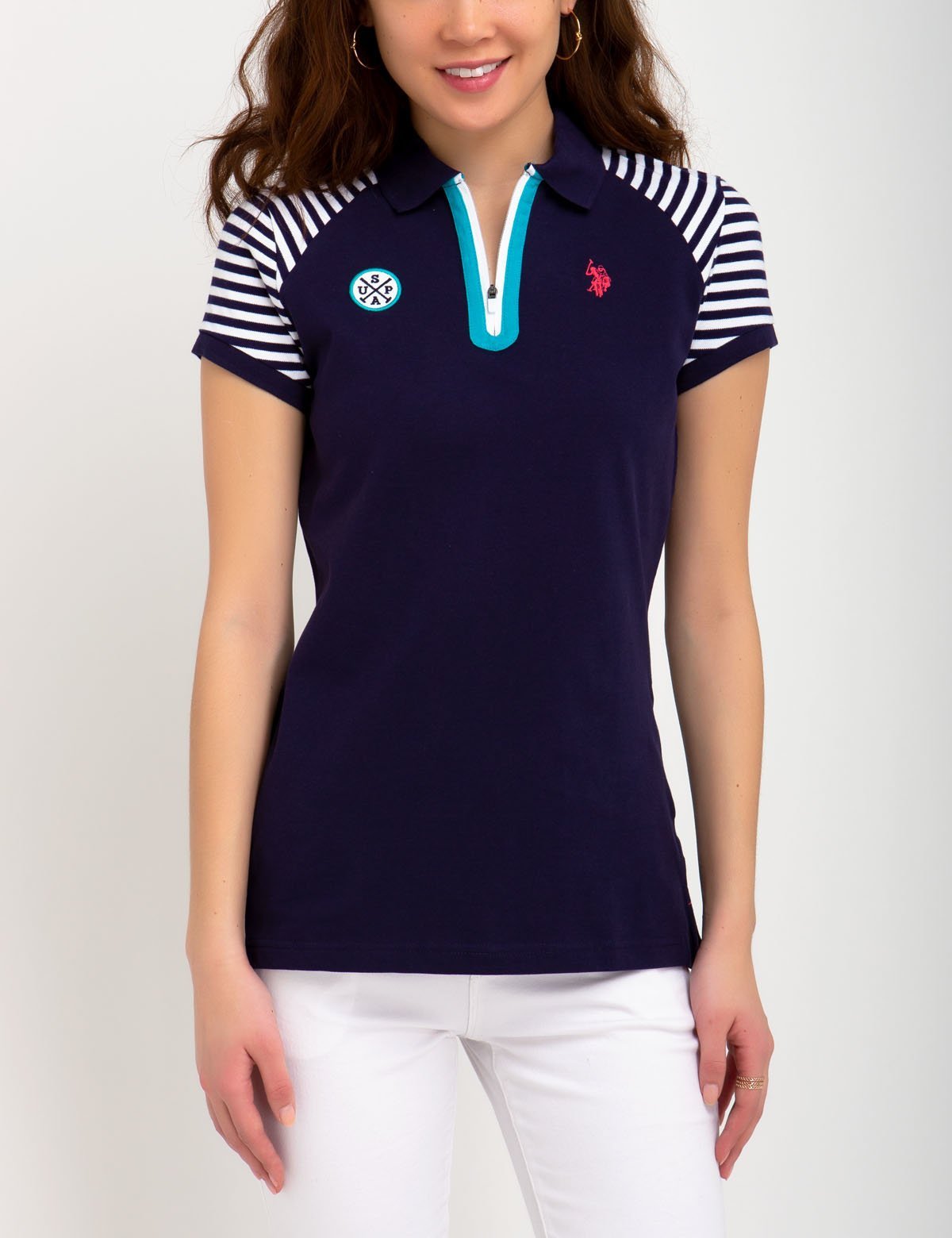 Striped Polo Shirt with Zipper Collar & USPA Logo | Cotton Blend