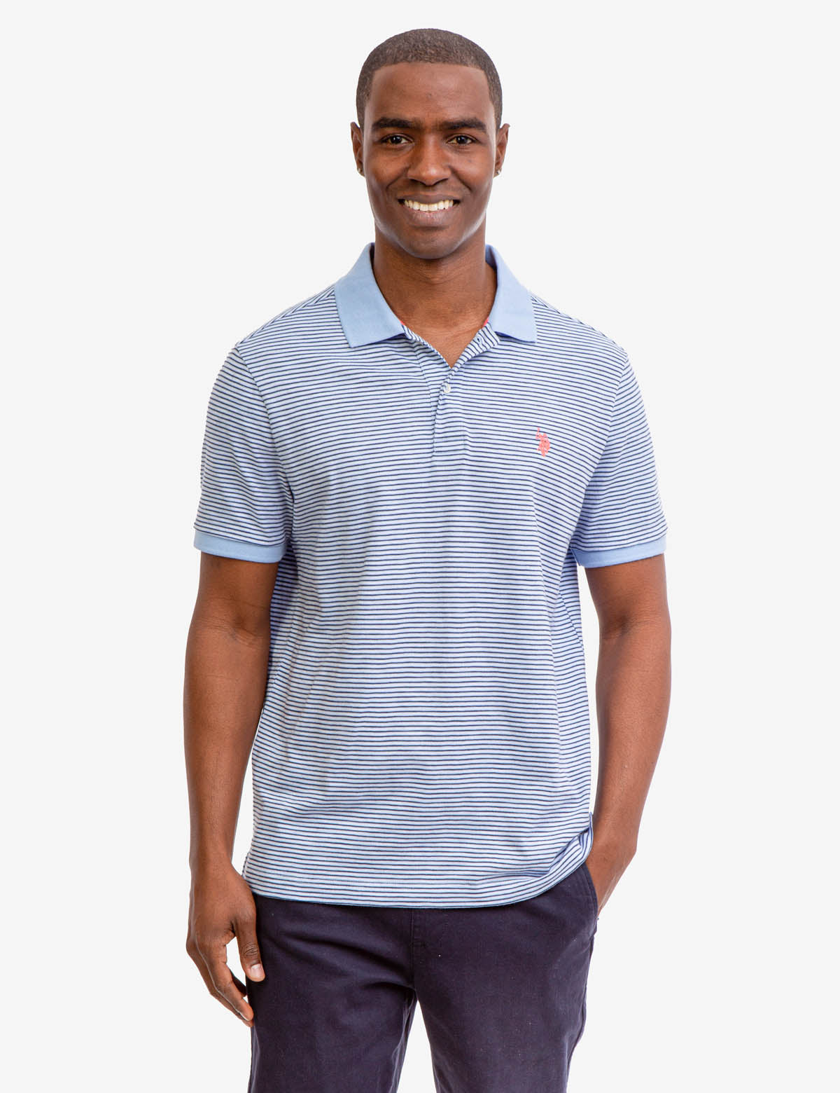 Striped Polo Shirt with Contrast Collar & Rib Cuffs | Slub Jersey