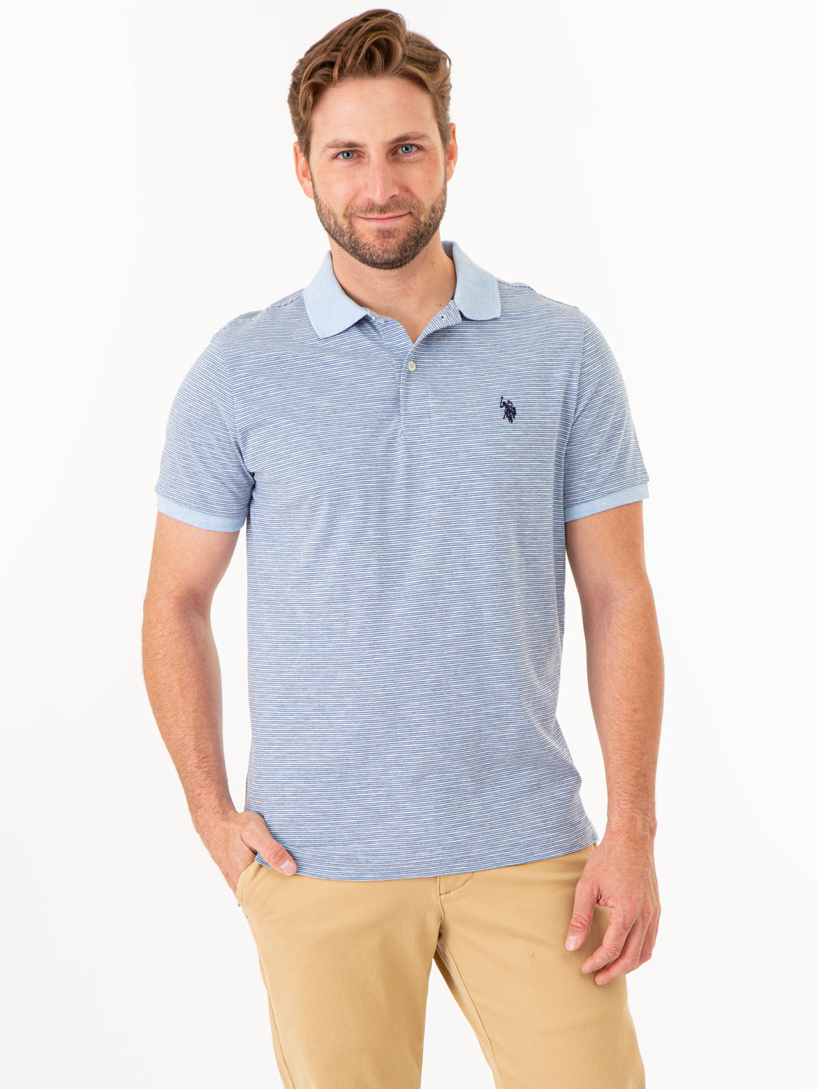 Striped Polo Shirt with Contrast Collar & Rib Cuffs | Slub Jersey