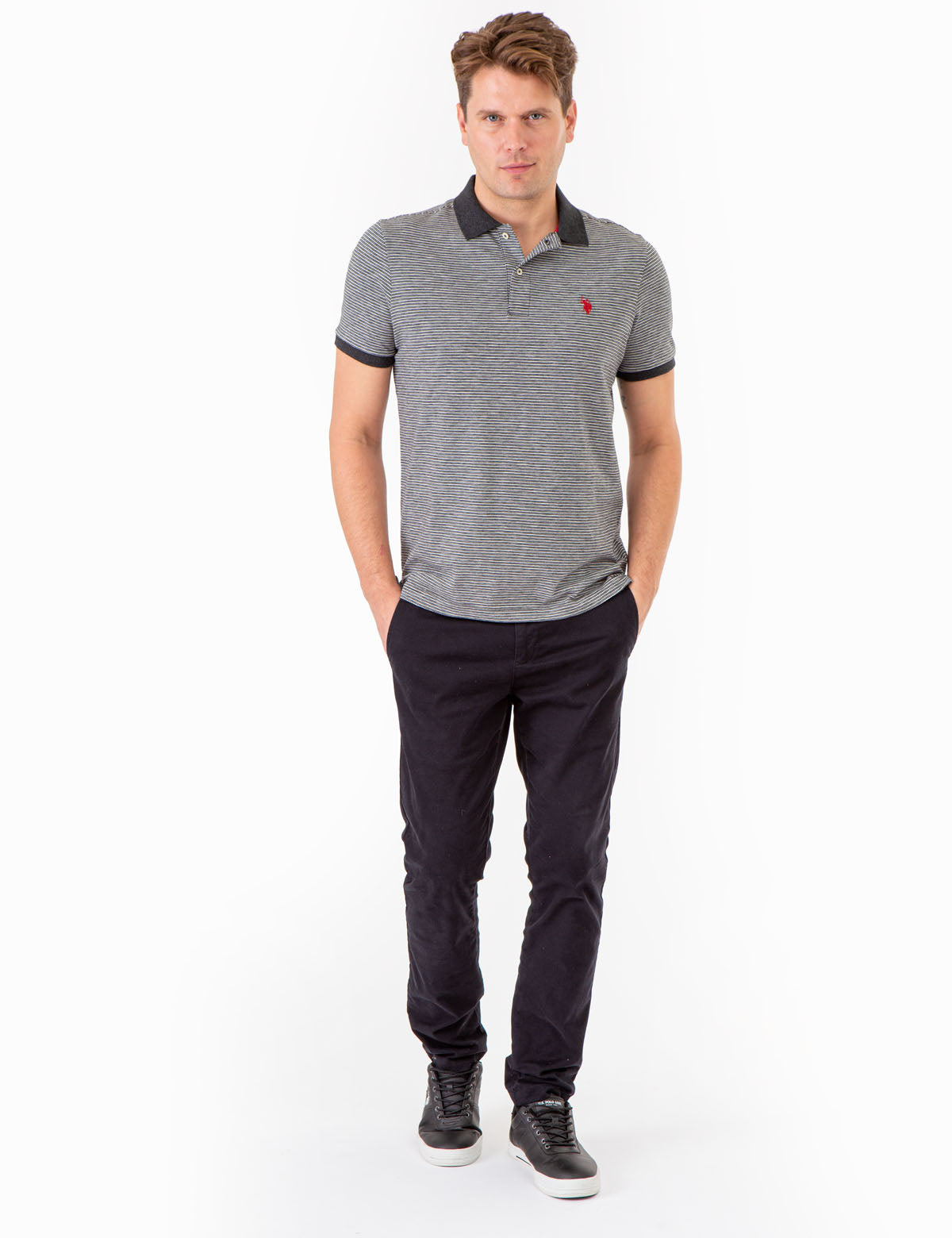 Striped Polo Shirt with Contrast Collar & Rib Cuffs | Slub Jersey