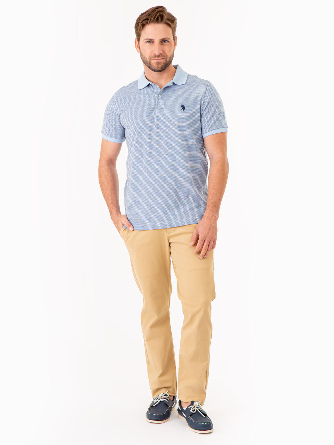Striped Polo Shirt with Contrast Collar & Rib Cuffs | Slub Jersey
