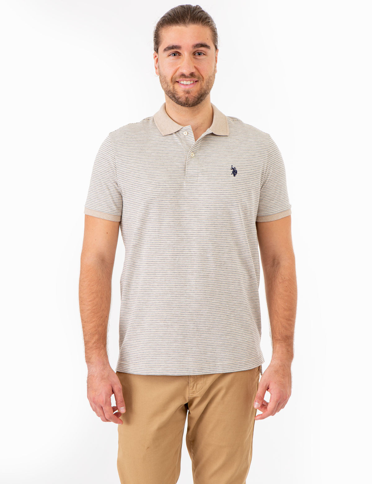 Striped Polo Shirt with Contrast Collar & Rib Cuffs | Slub Jersey