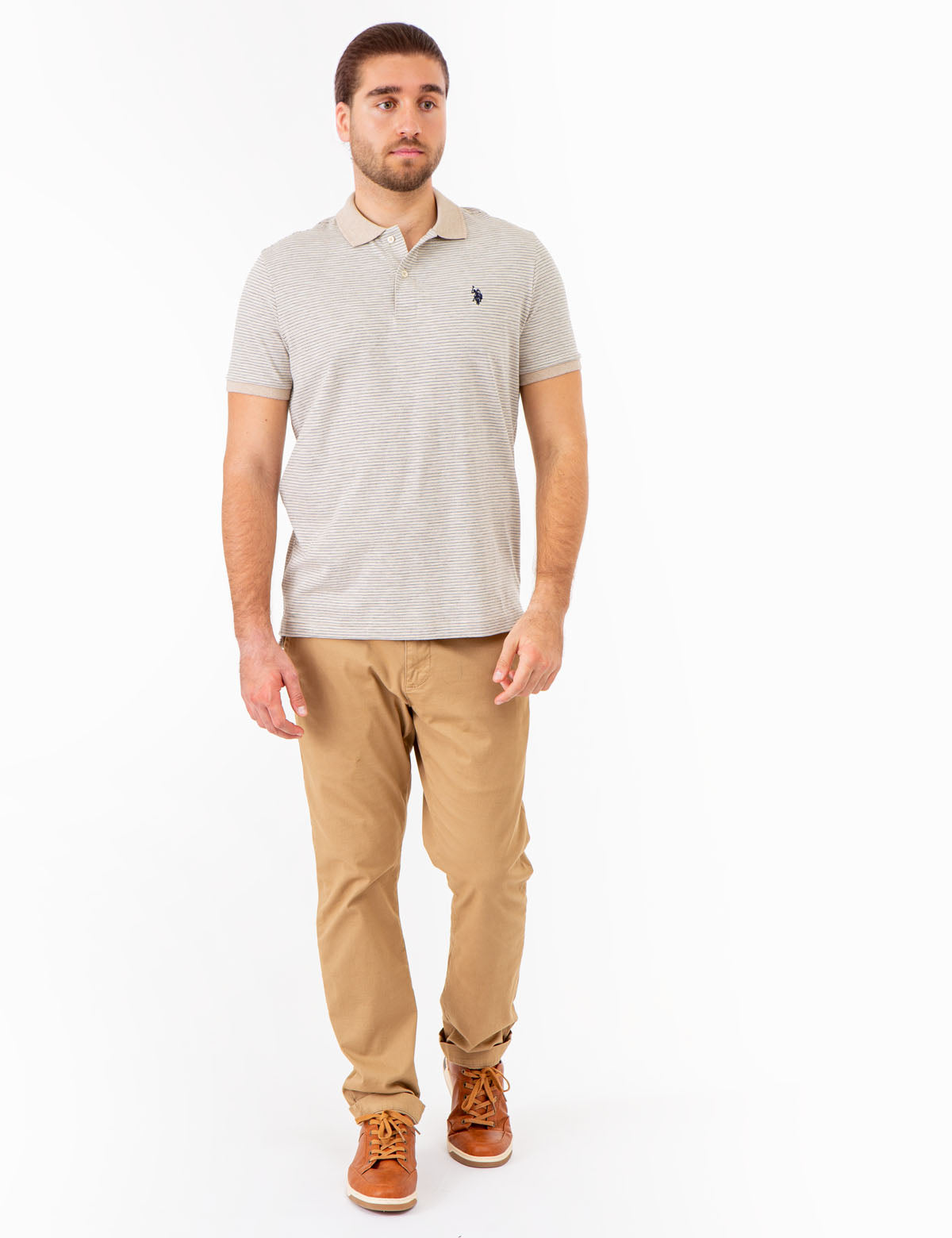 Striped Polo Shirt with Contrast Collar & Rib Cuffs | Slub Jersey