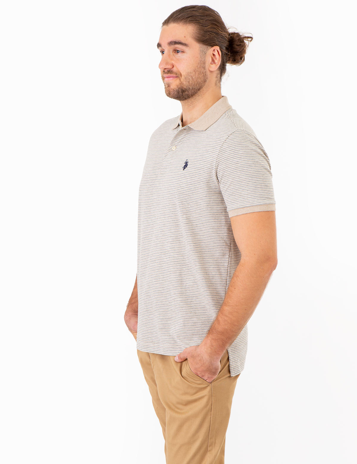 Striped Polo Shirt with Contrast Collar & Rib Cuffs | Slub Jersey