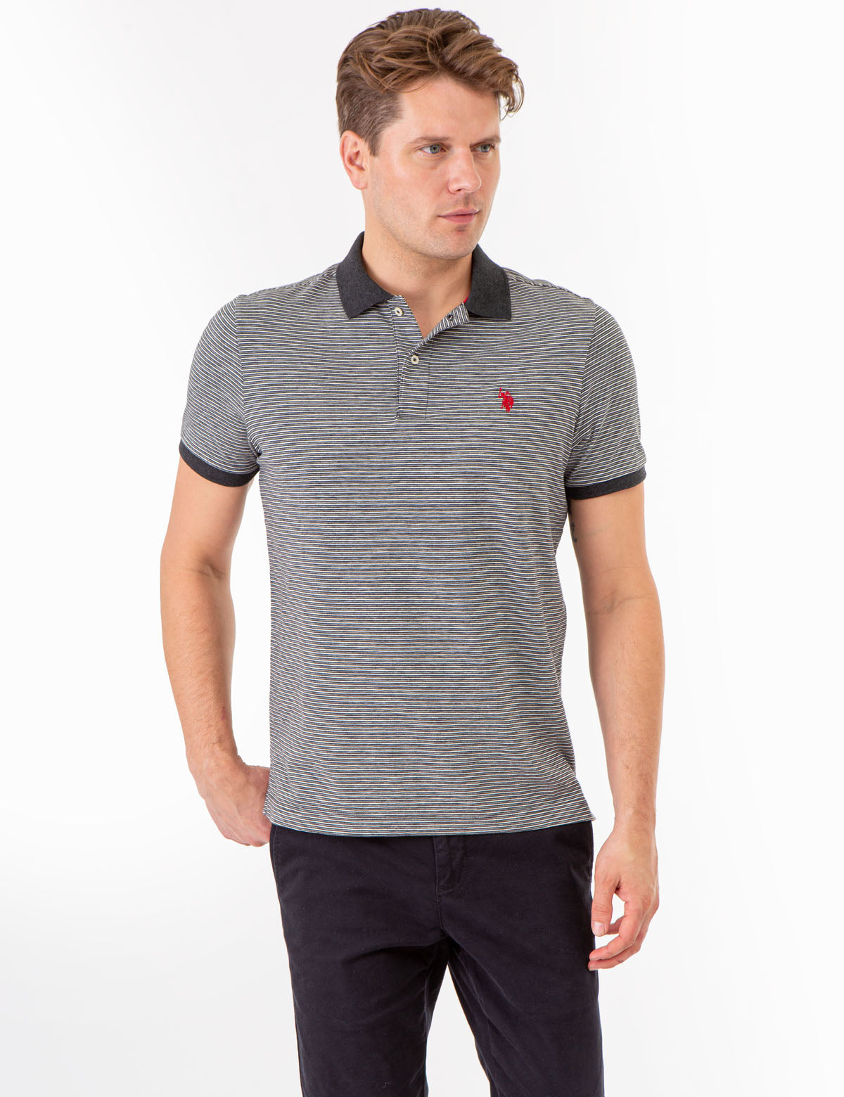 Striped Polo Shirt with Contrast Collar & Rib Cuffs | Slub Jersey