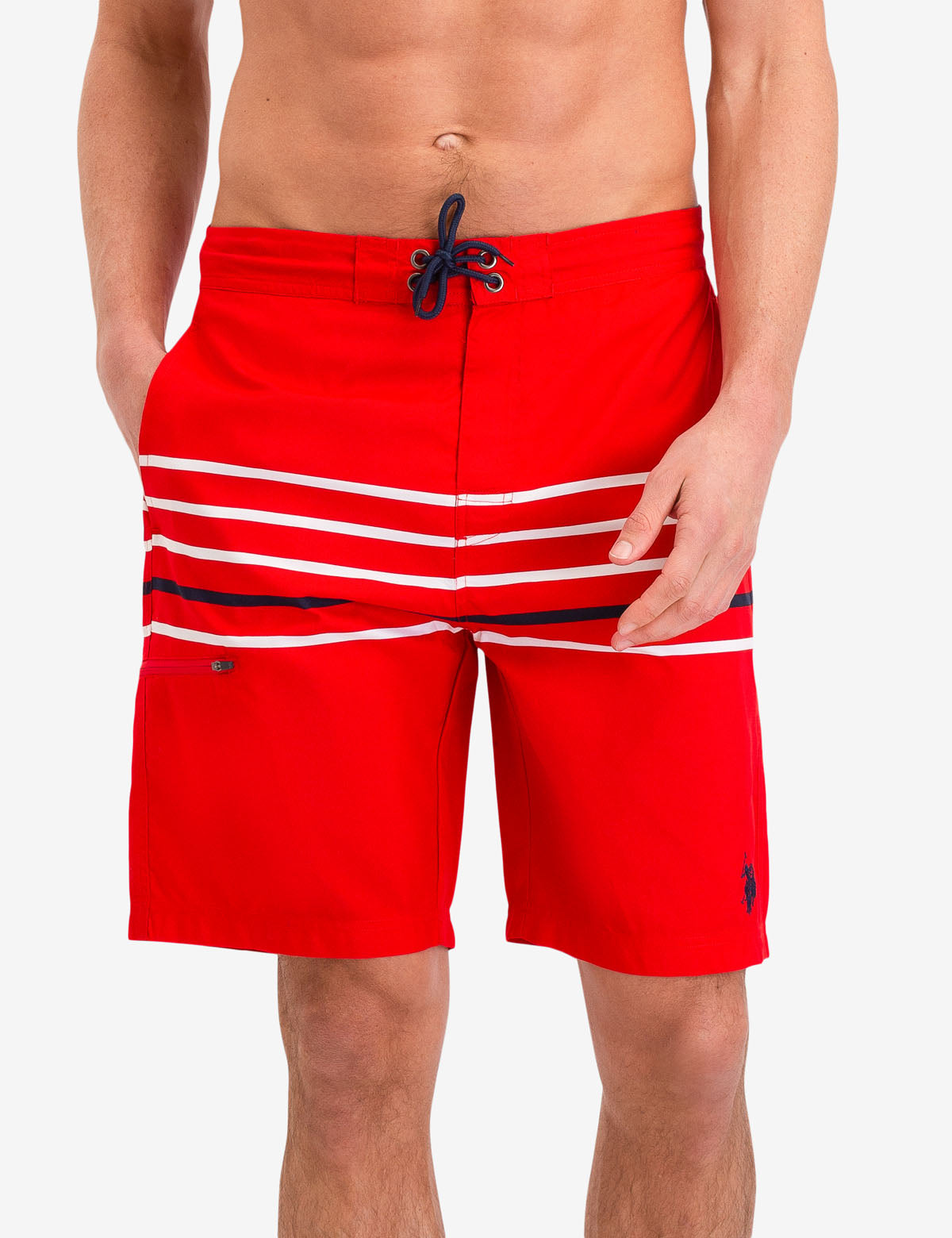 Striped Swim Trunks with Drawstring Waistband & Side Pockets