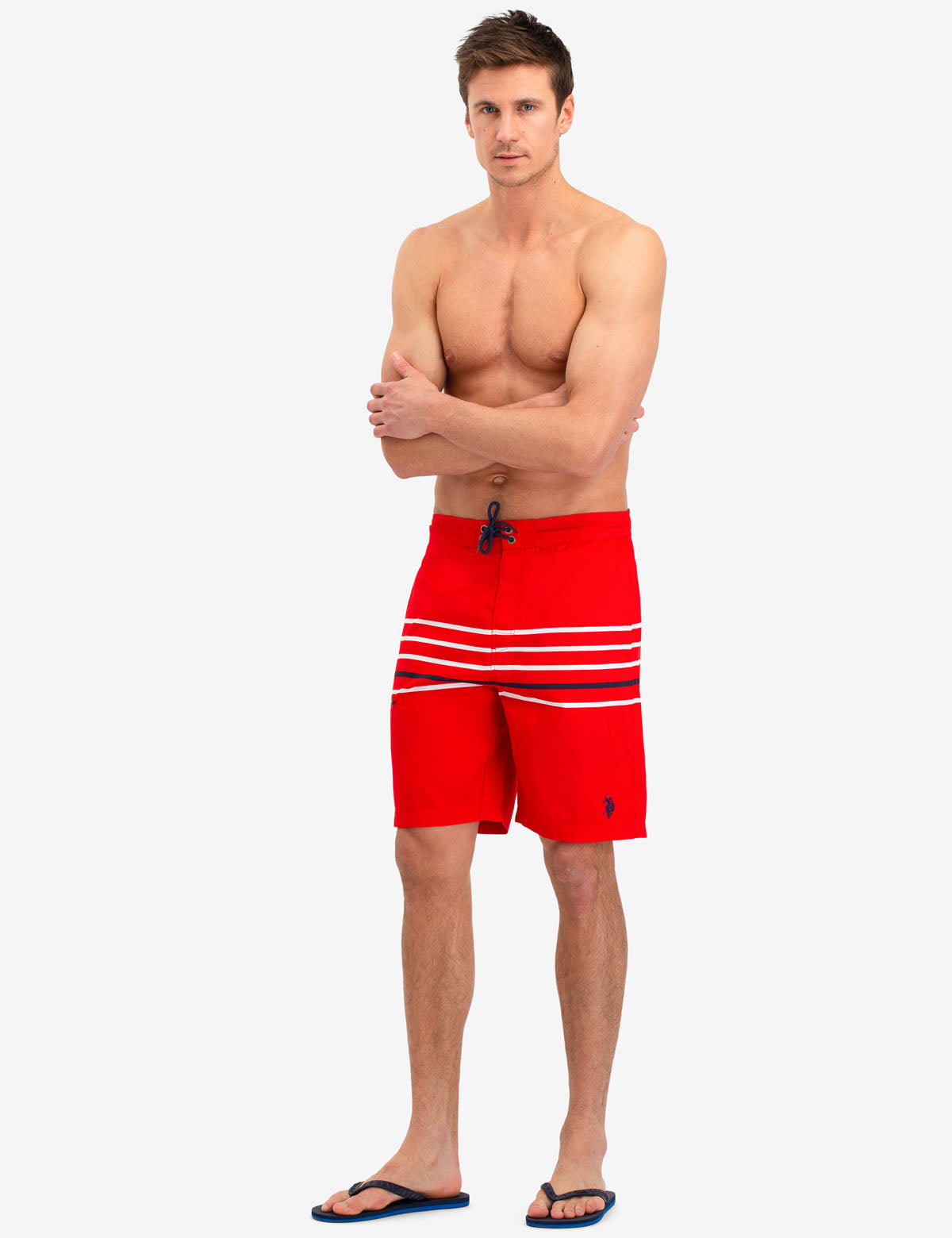 Striped Swim Trunks with Drawstring Waistband & Side Pockets