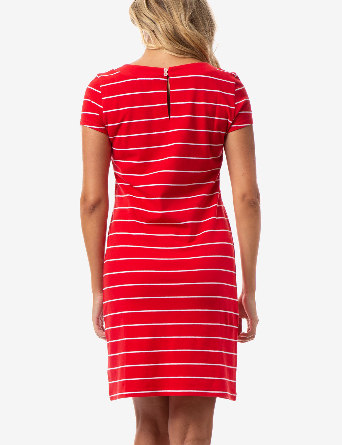 Striped T-Shirt Dress with Keyhole Back & Cap Sleeves