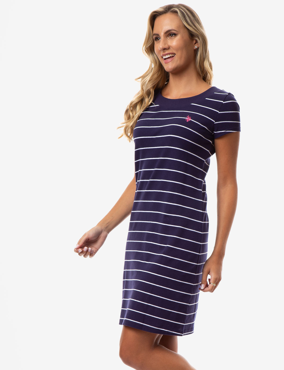 Striped T-Shirt Dress with Keyhole Back & Cap Sleeves