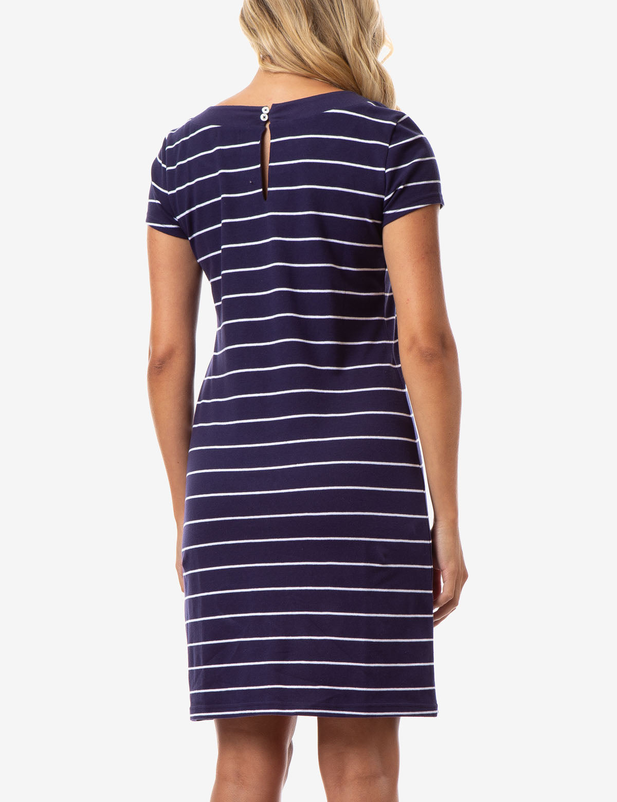 Striped T-Shirt Dress with Keyhole Back & Cap Sleeves