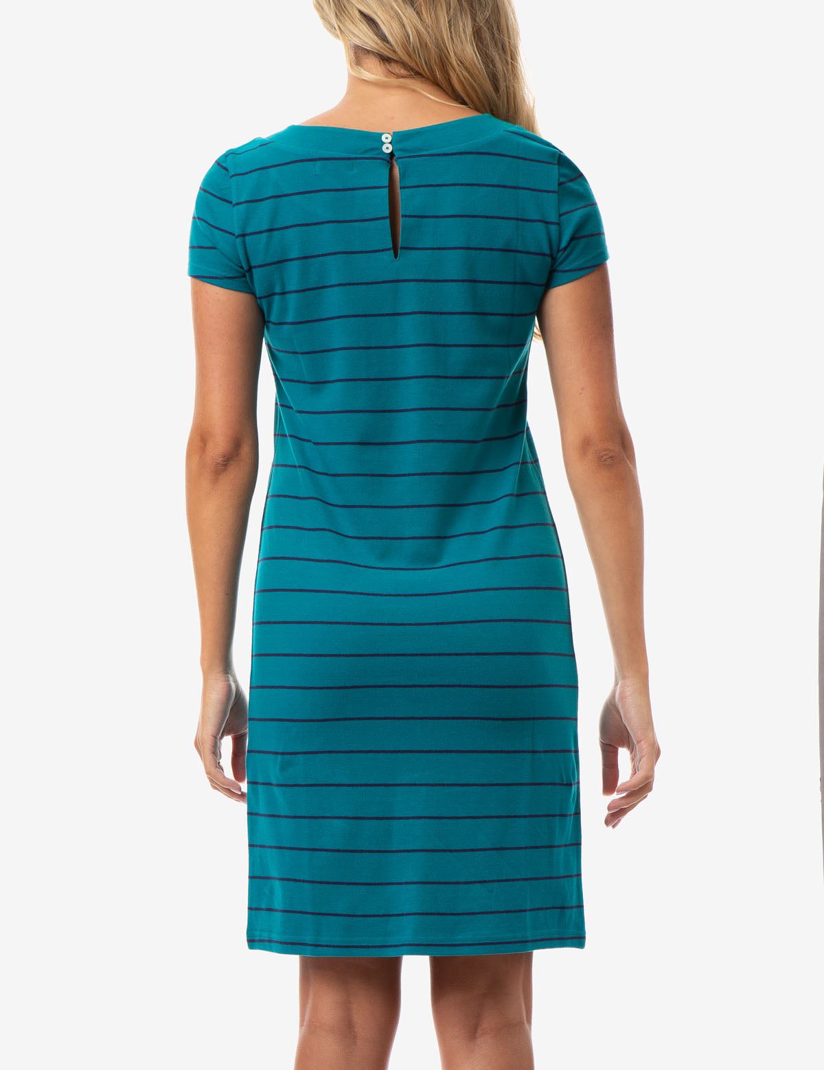 Striped T-Shirt Dress with Keyhole Back & Cap Sleeves