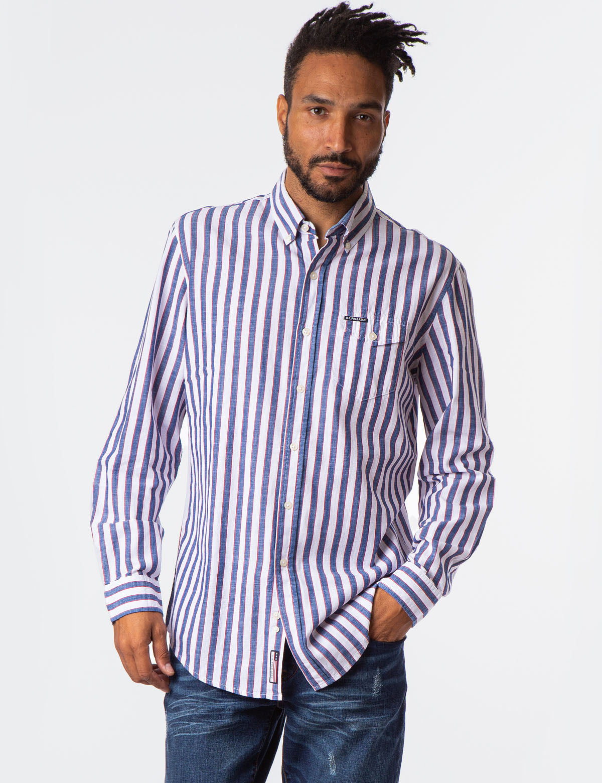 Striped Poplin Long Sleeve Shirt with Button Front & Pocket | USPA
