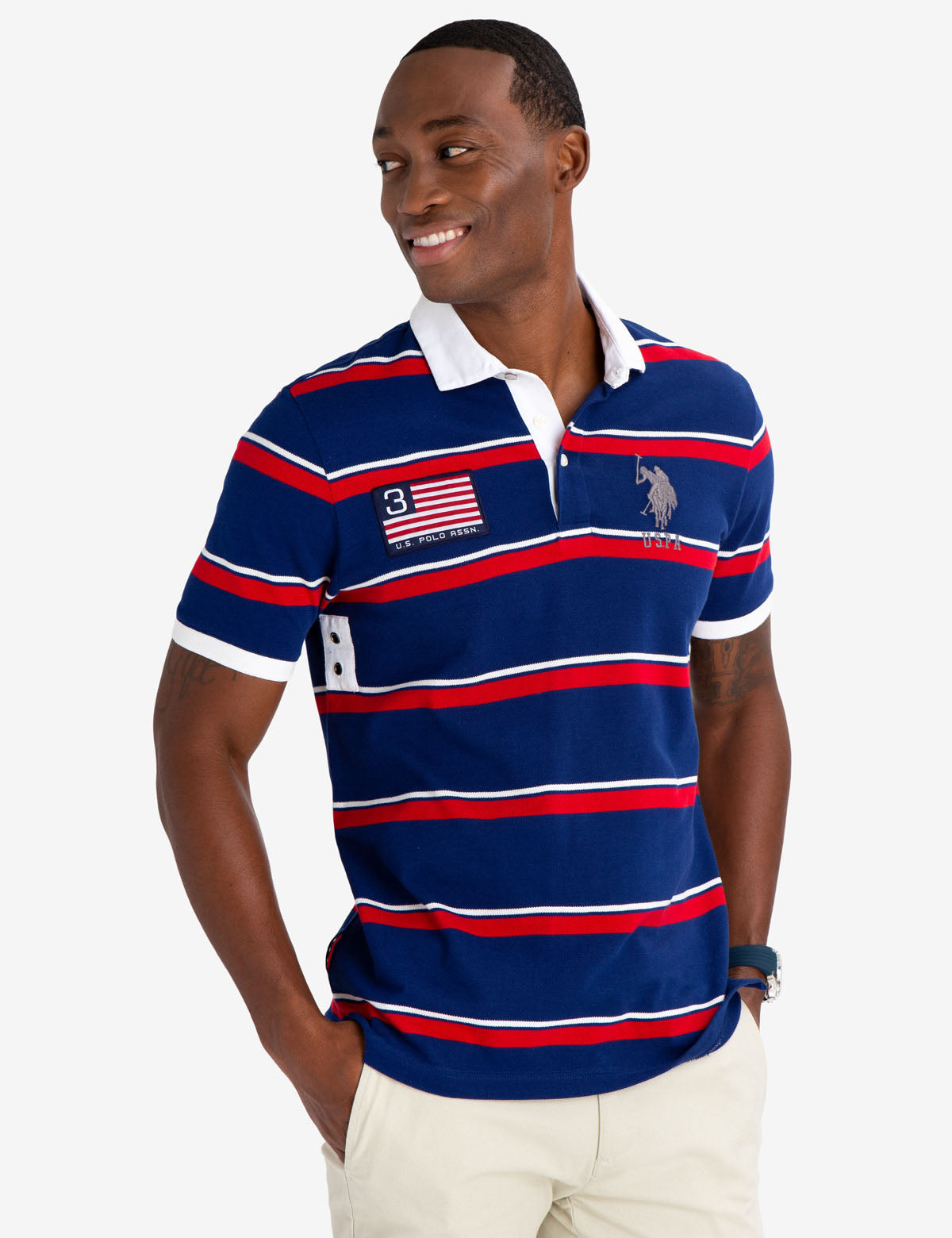 Striped Twill Polo Shirt with American Flag & Embroidered Logo | 100% Cotton