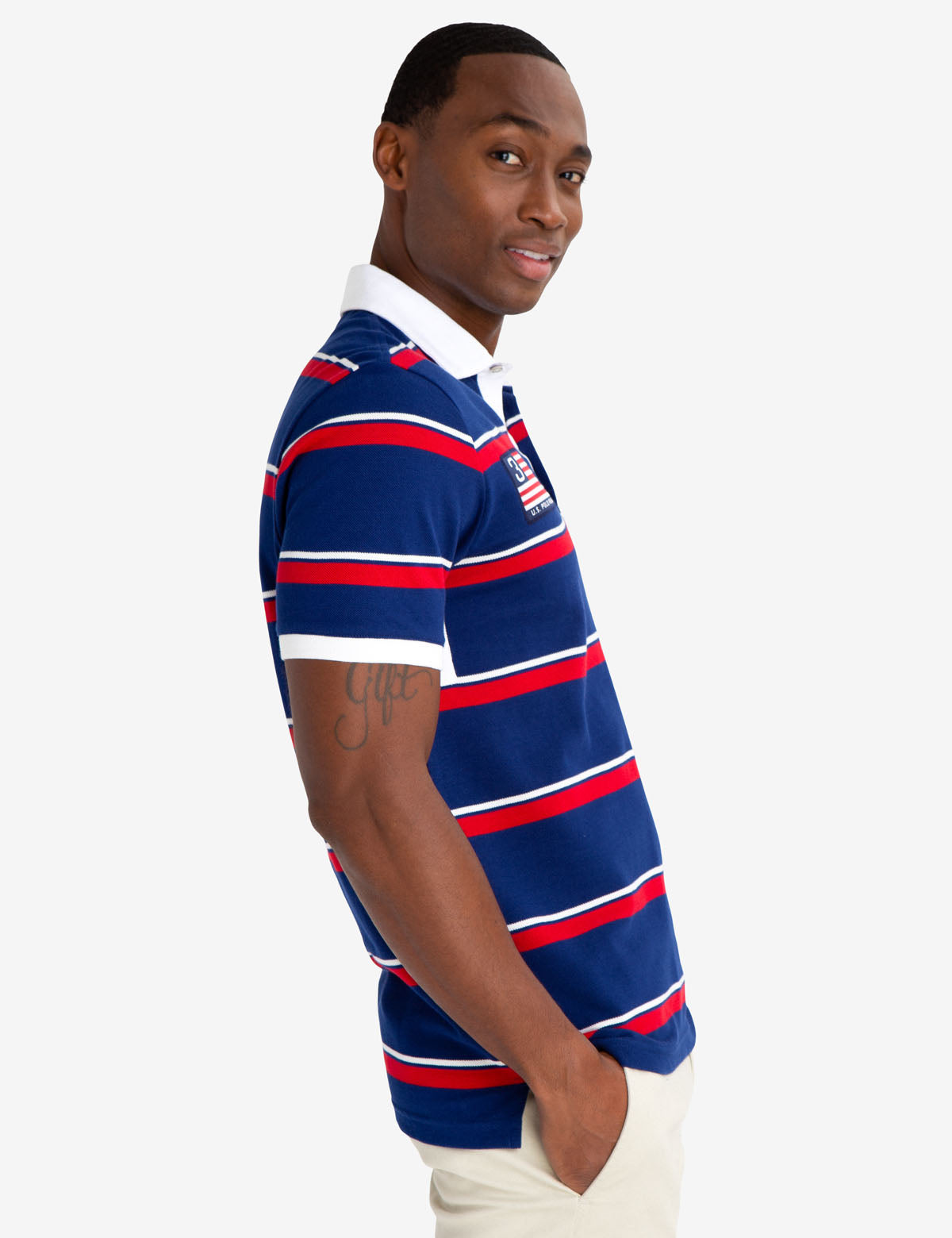 Striped Twill Polo Shirt with American Flag & Embroidered Logo | 100% Cotton
