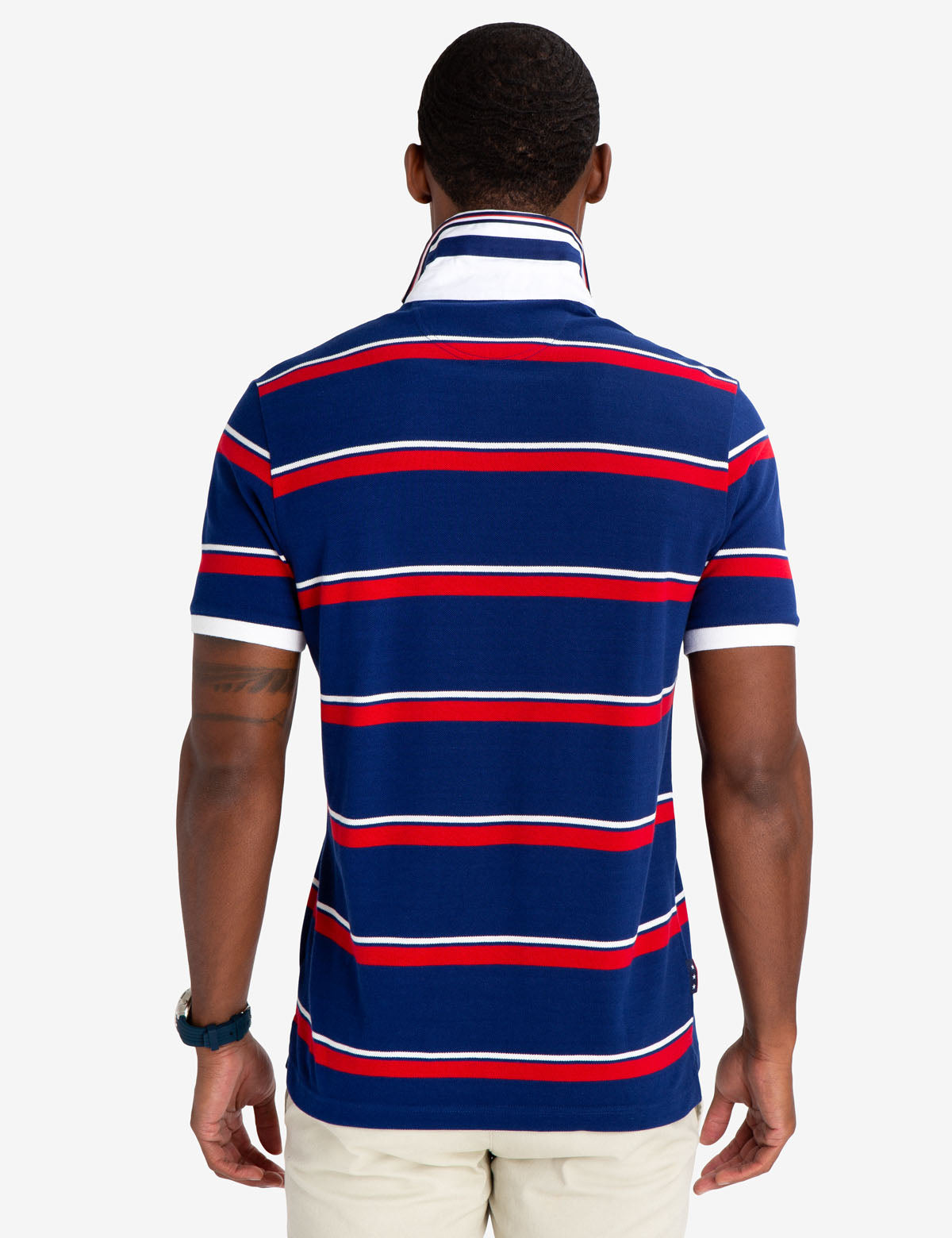 Striped Twill Polo Shirt with American Flag & Embroidered Logo | 100% Cotton