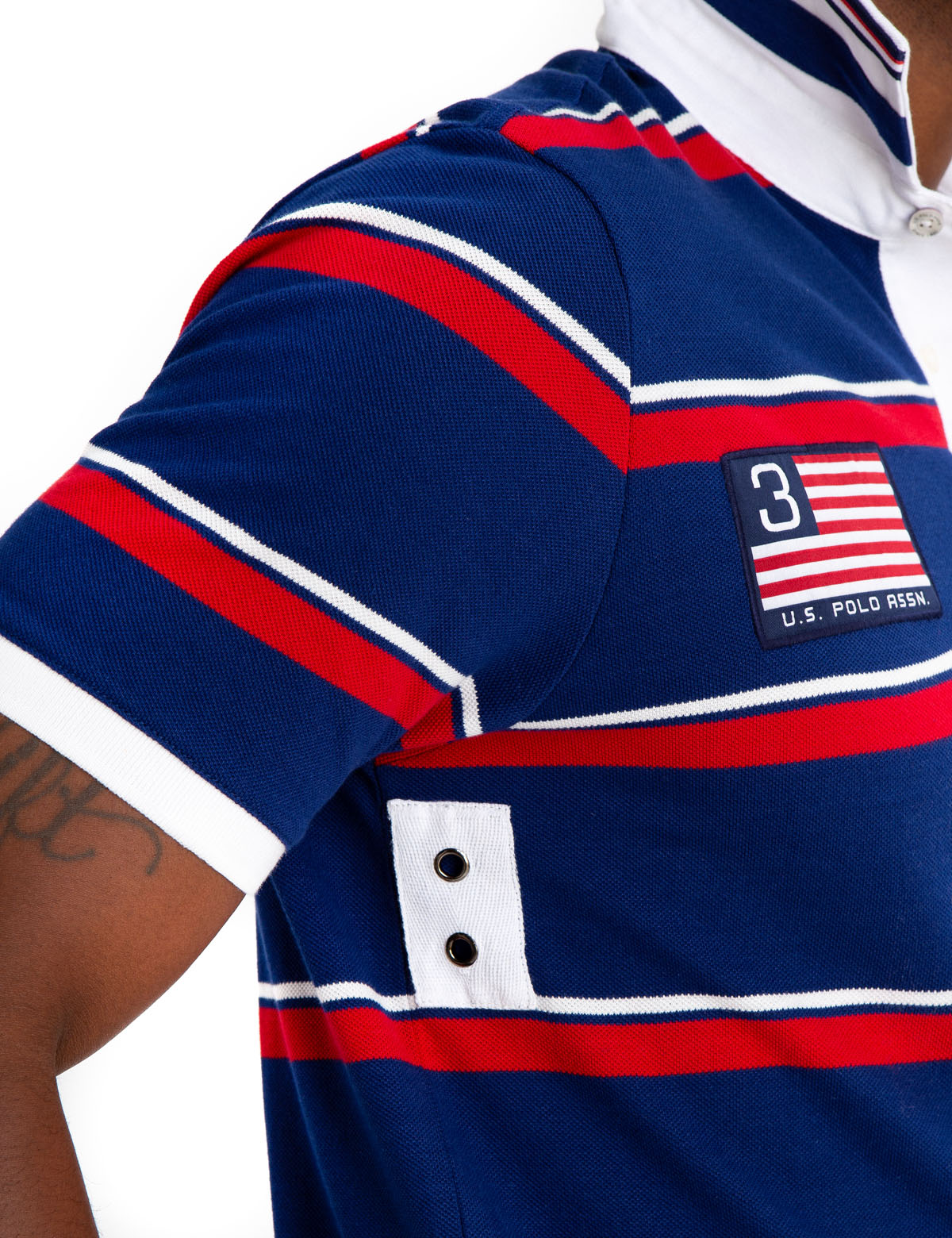 Striped Twill Polo Shirt with American Flag & Embroidered Logo | 100% Cotton