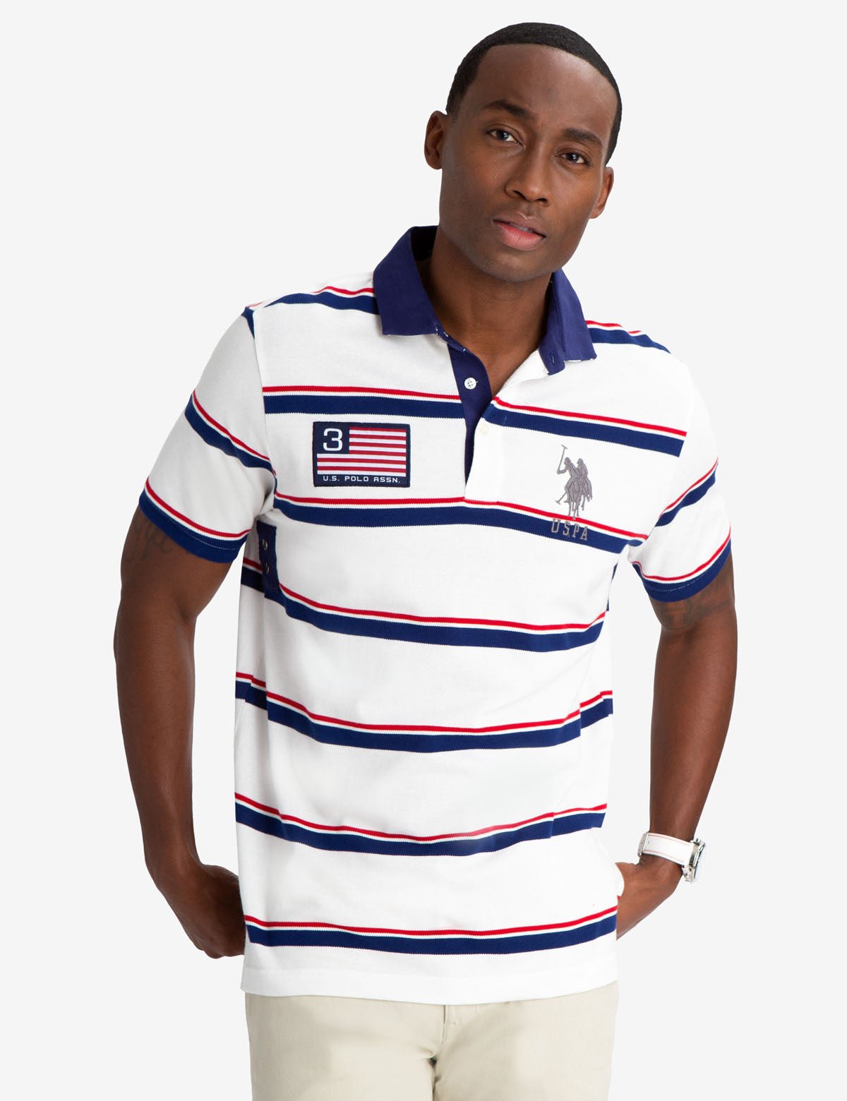 Striped Twill Polo Shirt with American Flag & Embroidered Logo | 100% Cotton