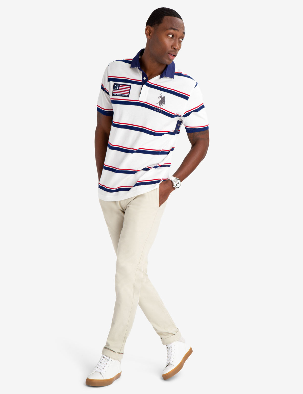 Striped Twill Polo Shirt with American Flag & Embroidered Logo | 100% Cotton