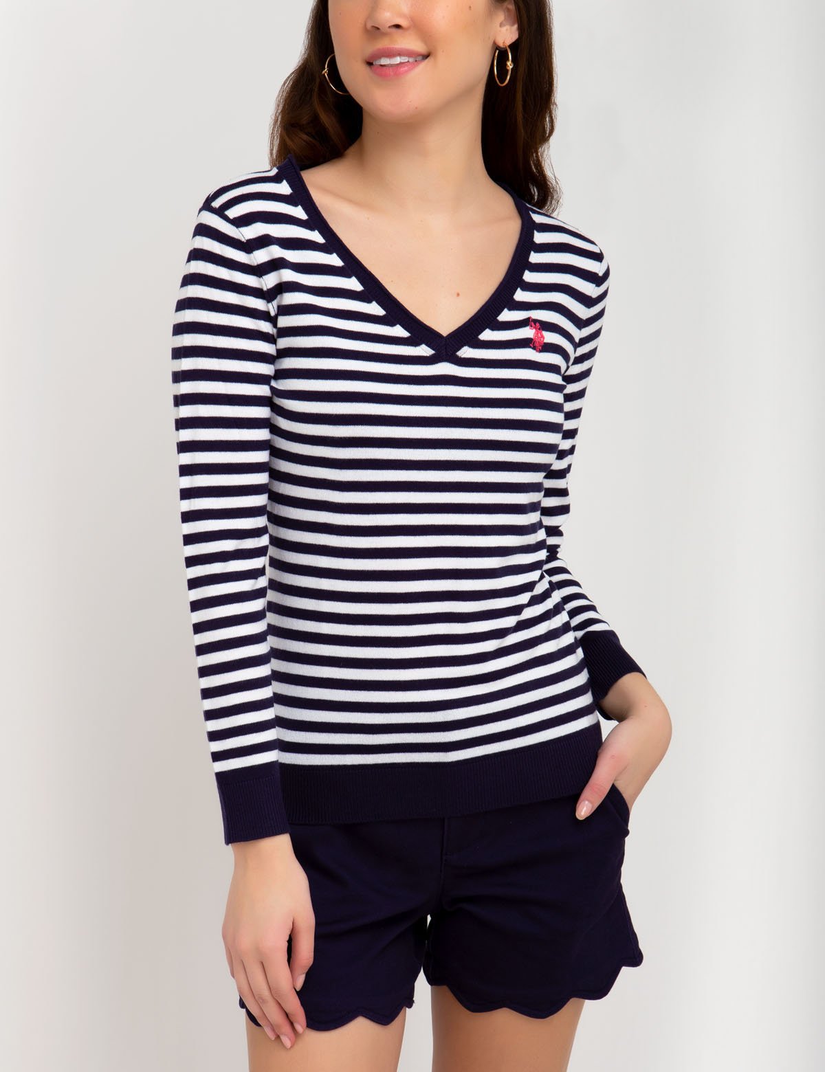 Striped V-Neck Sweater in Acrylic-Nylon Blend | Machine Washable