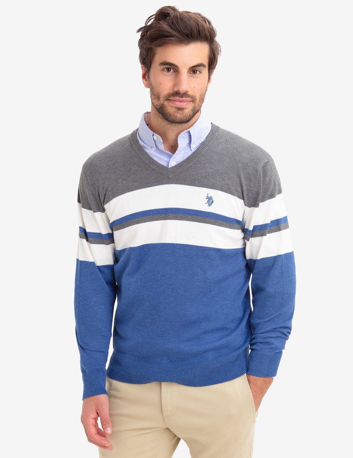 Striped V-Neck Sweater in Acrylic-Nylon Blend | Machine Washable