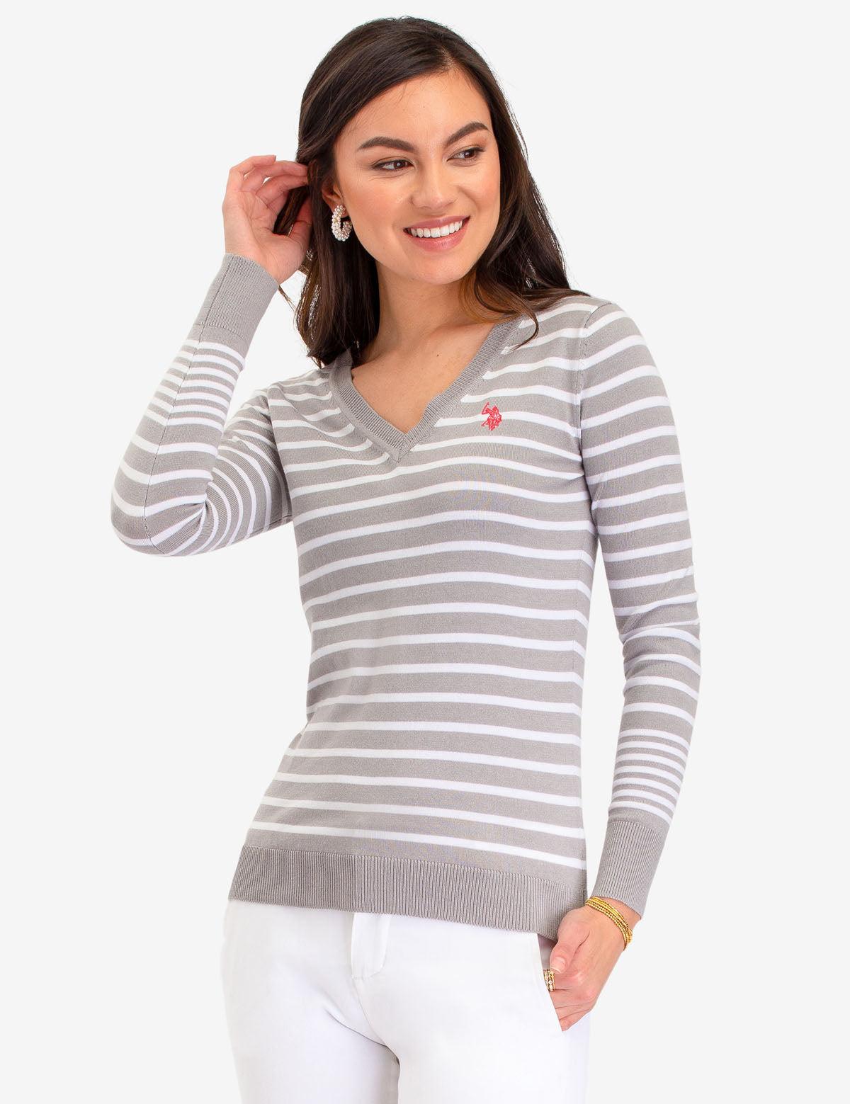 Striped V-Neck Sweater in Acrylic-Nylon Blend | Machine Washable