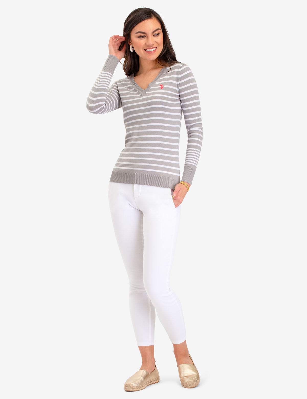 Striped V-Neck Sweater in Acrylic-Nylon Blend | Machine Washable