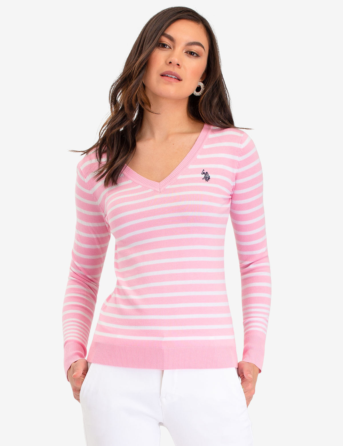 Striped V-Neck Sweater in Acrylic-Nylon Blend | Machine Washable