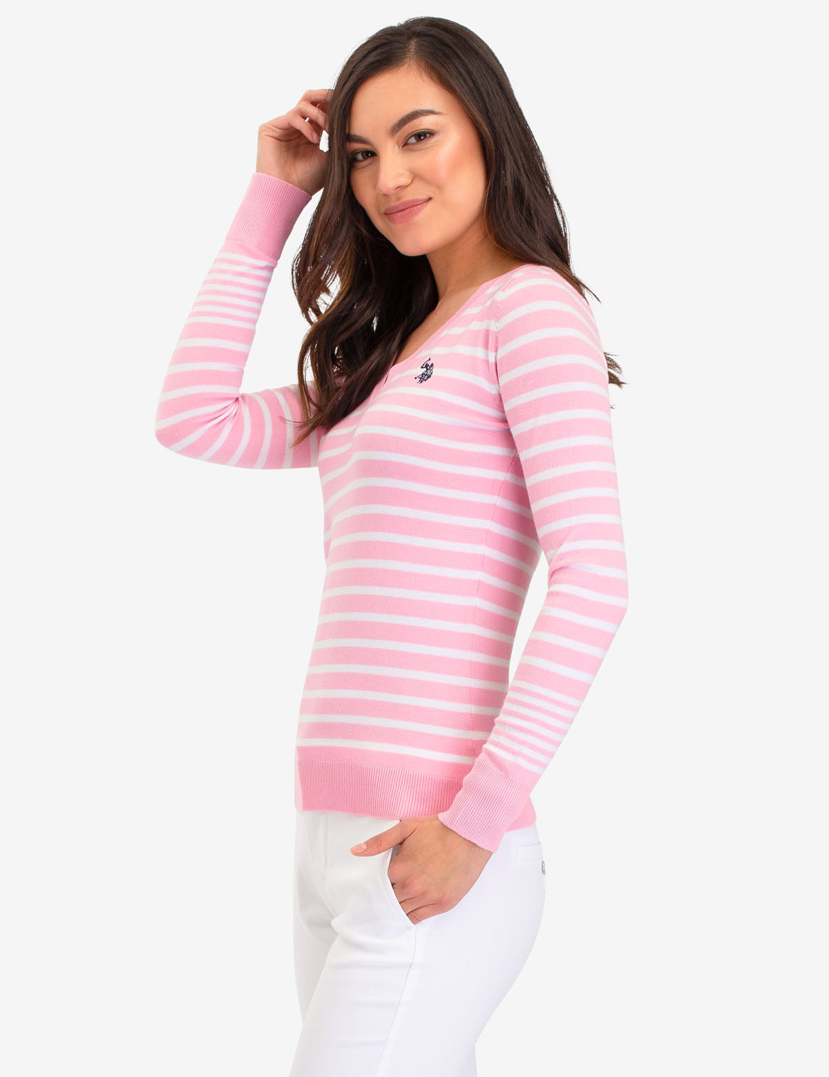 Striped V-Neck Sweater in Acrylic-Nylon Blend | Machine Washable