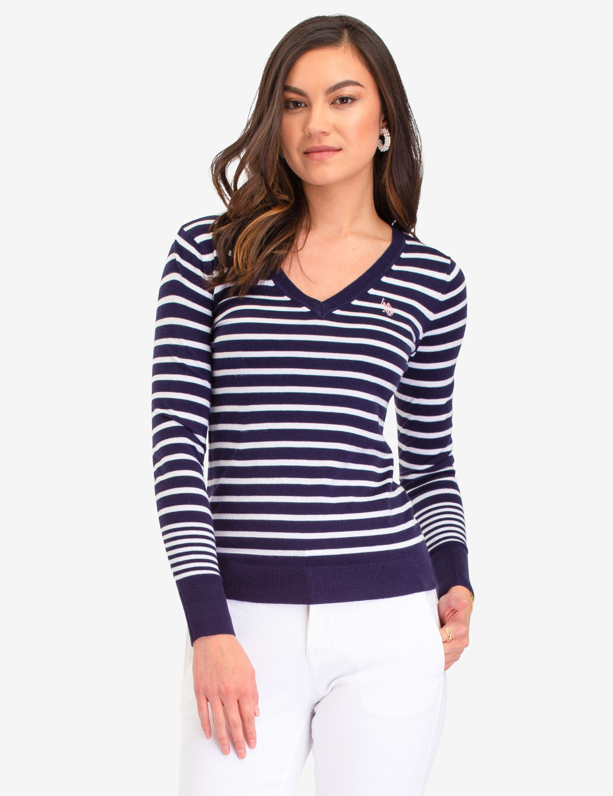 Striped V-Neck Sweater in Acrylic-Nylon Blend | Machine Washable