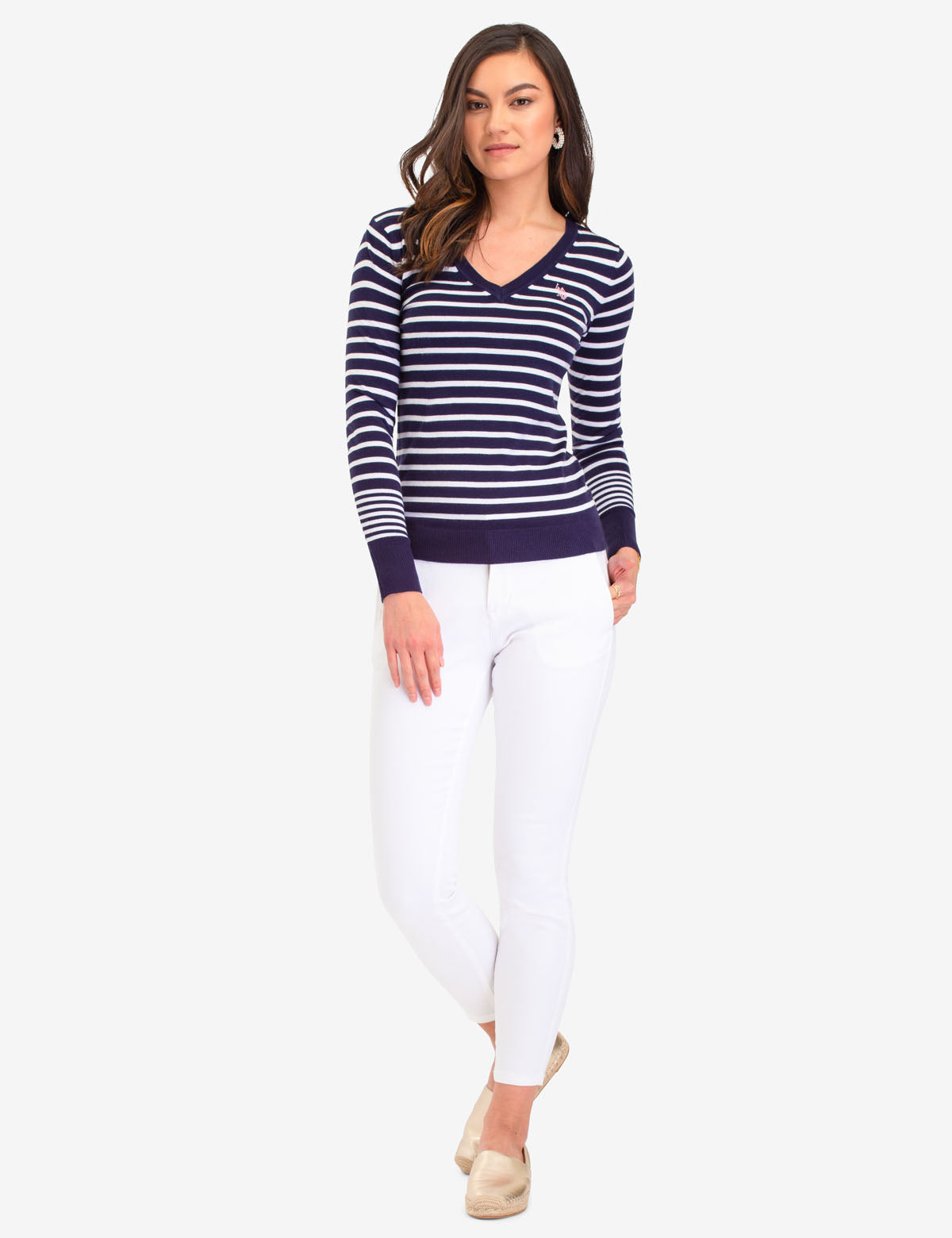 Striped V-Neck Sweater in Acrylic-Nylon Blend | Machine Washable