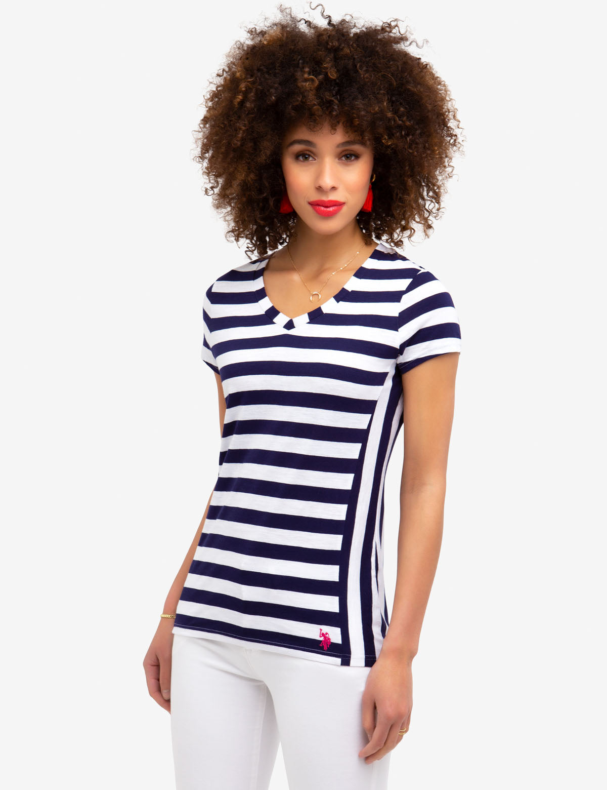 Striped V-Neck Cotton T-Shirt | Embroidered Logo