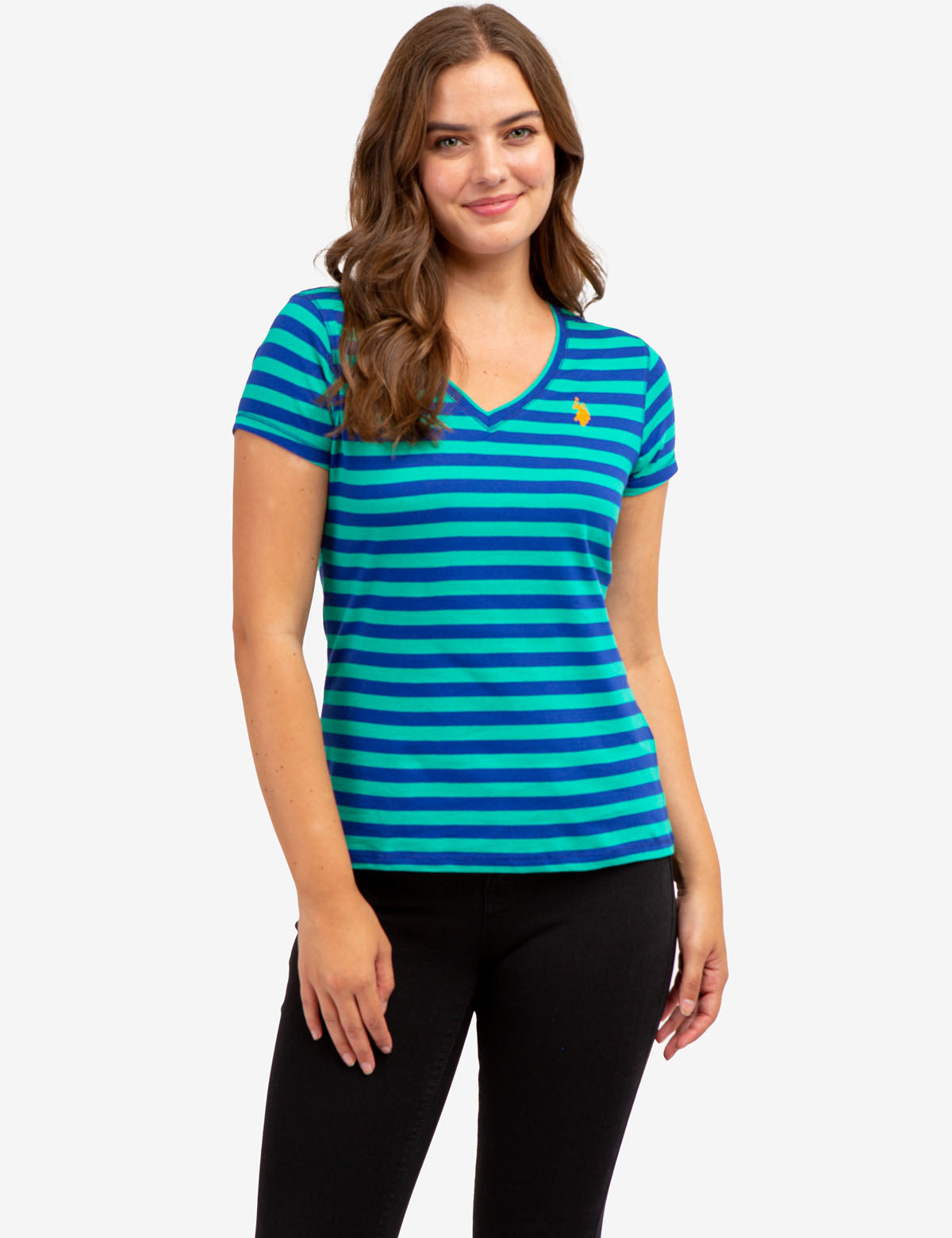 Striped V-Neck Cotton T-Shirt | Embroidered Logo