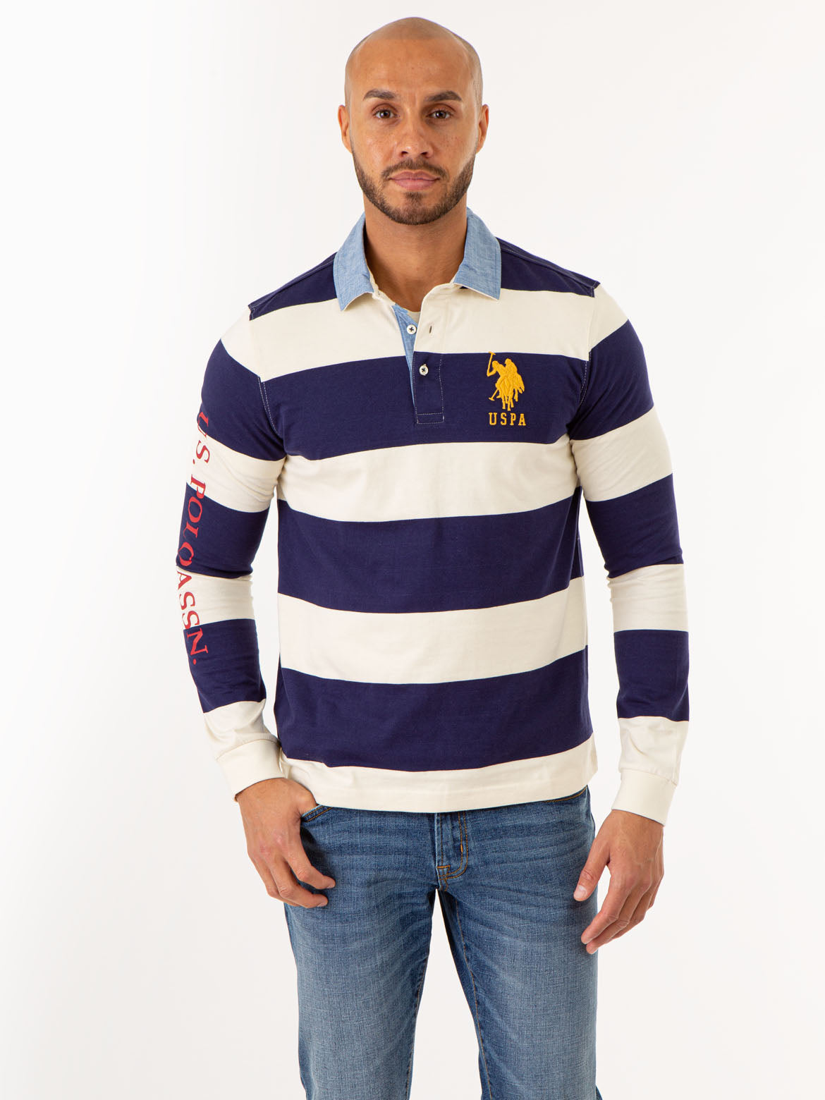 Striped Long Sleeve Polo Shirt with Woven Collar