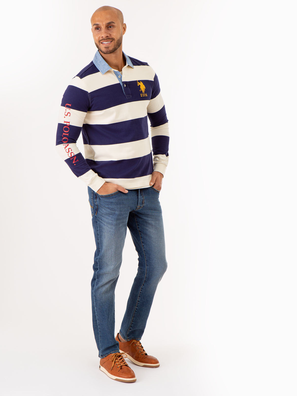 Striped Long Sleeve Polo Shirt with Woven Collar