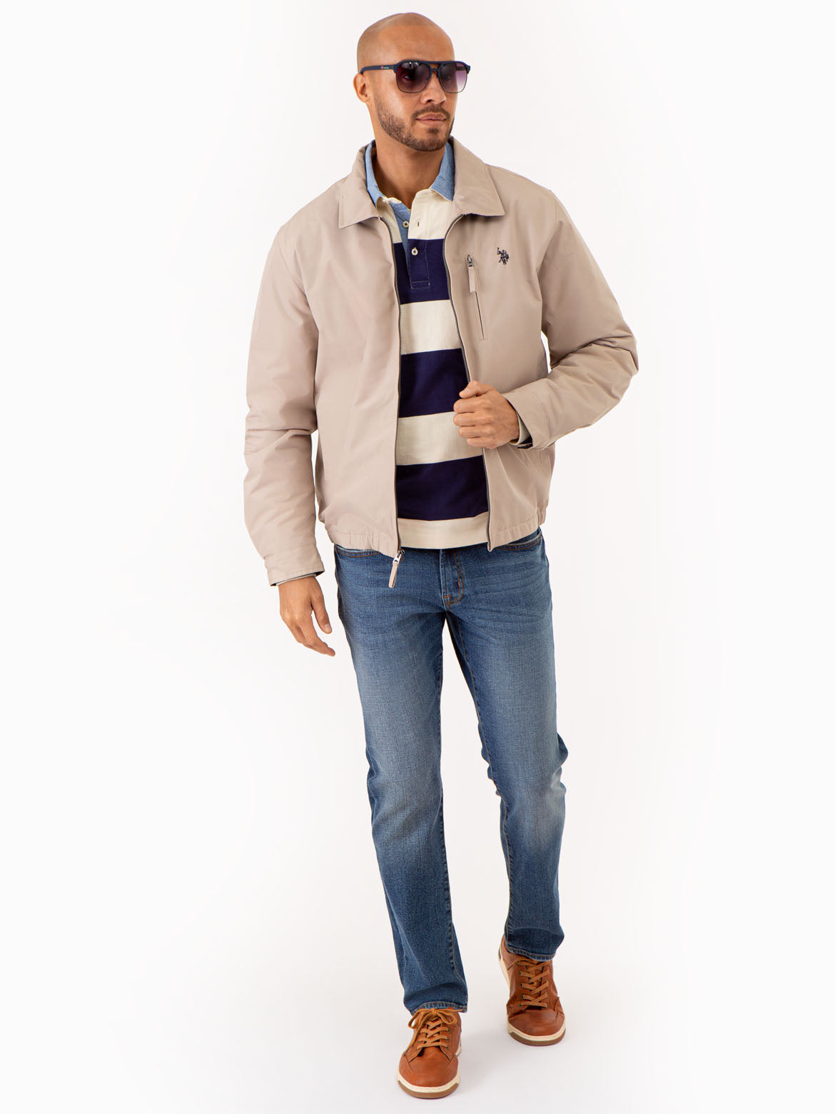 Striped Long Sleeve Polo Shirt with Woven Collar