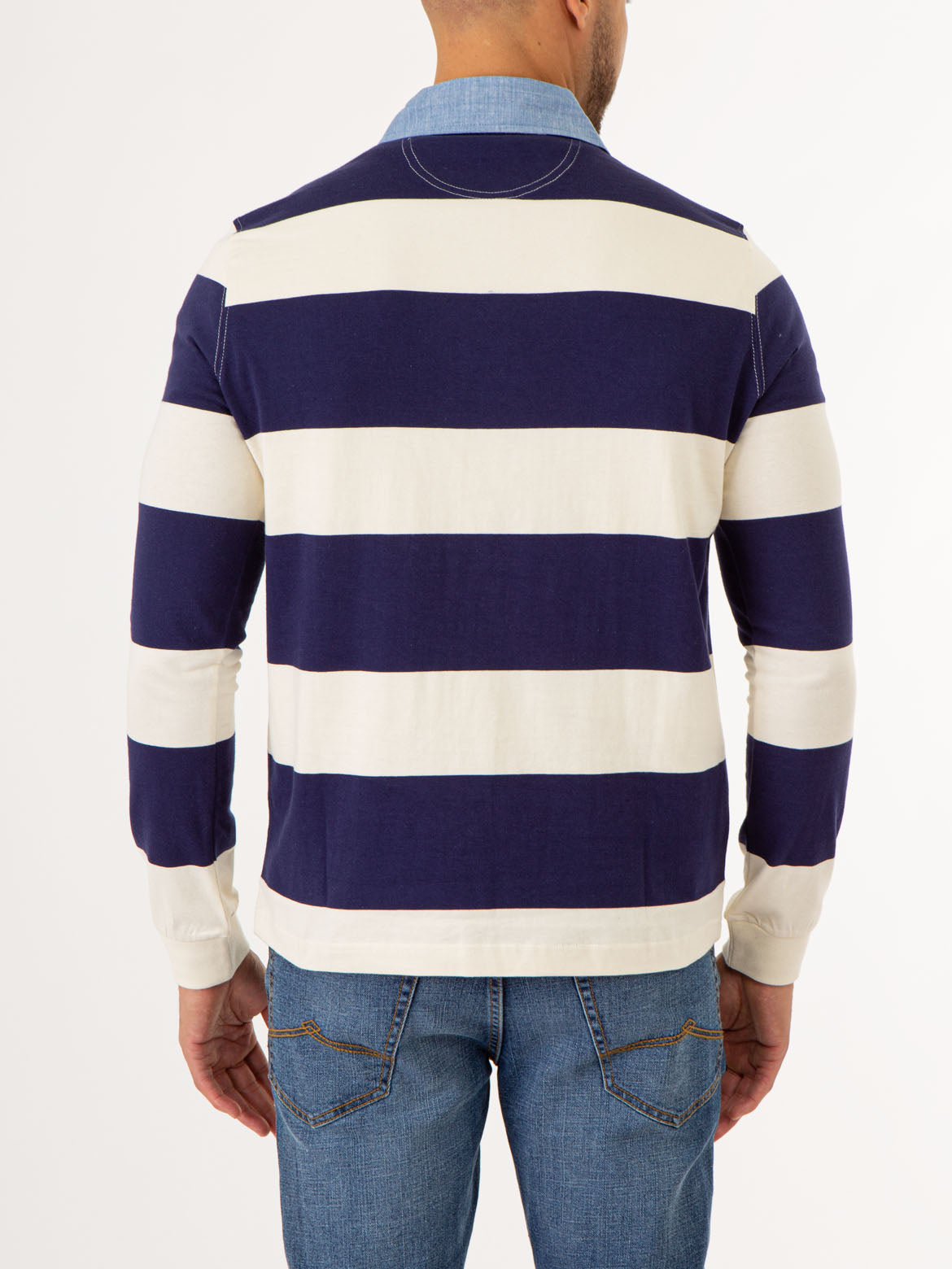 Striped Long Sleeve Polo Shirt with Woven Collar
