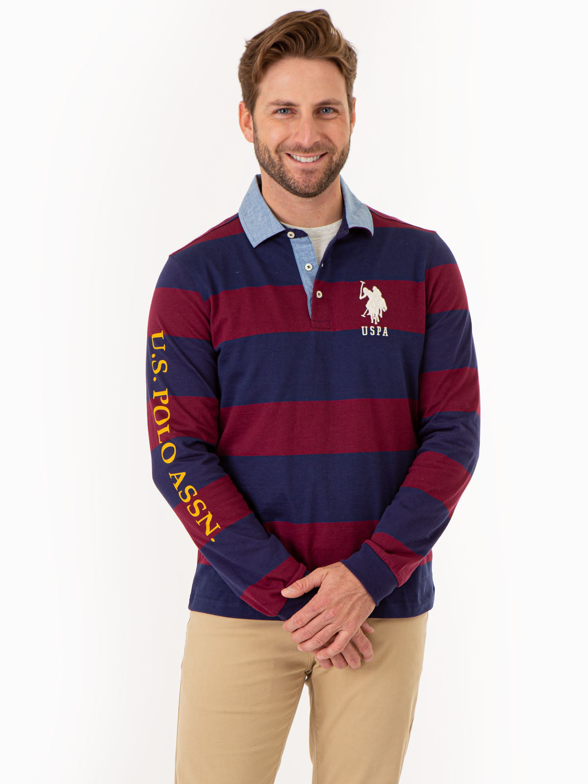 Striped Long Sleeve Polo Shirt with Woven Collar