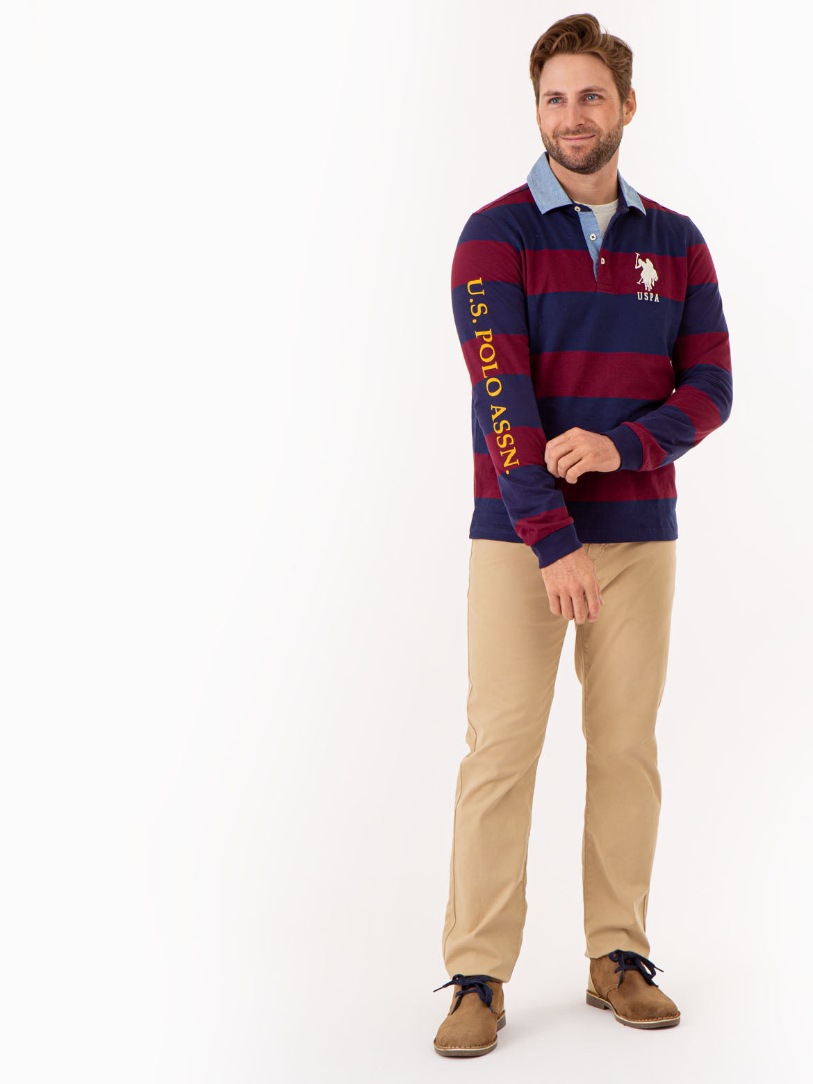 Striped Long Sleeve Polo Shirt with Woven Collar