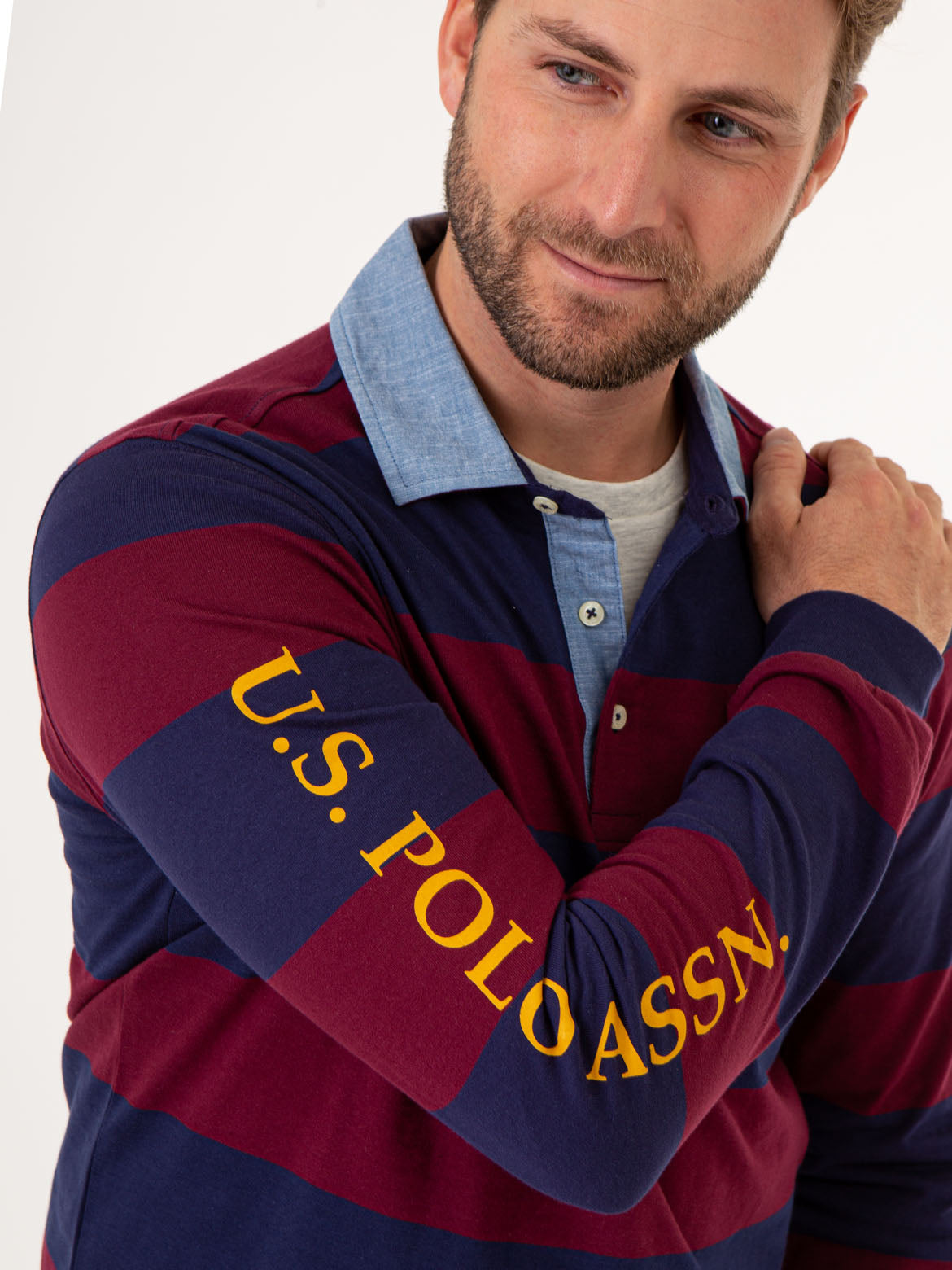 Striped Long Sleeve Polo Shirt with Woven Collar