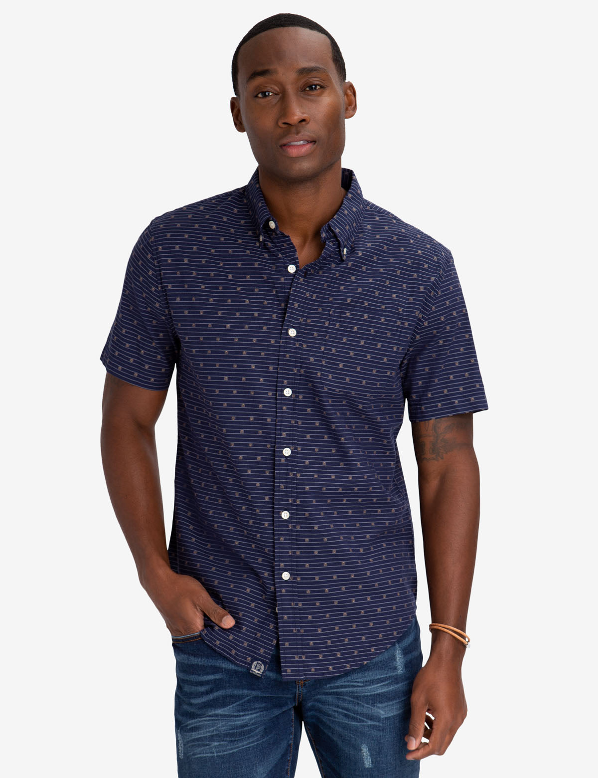 Swiss Dot Cotton Shirt with Button Front & Patch Pocket