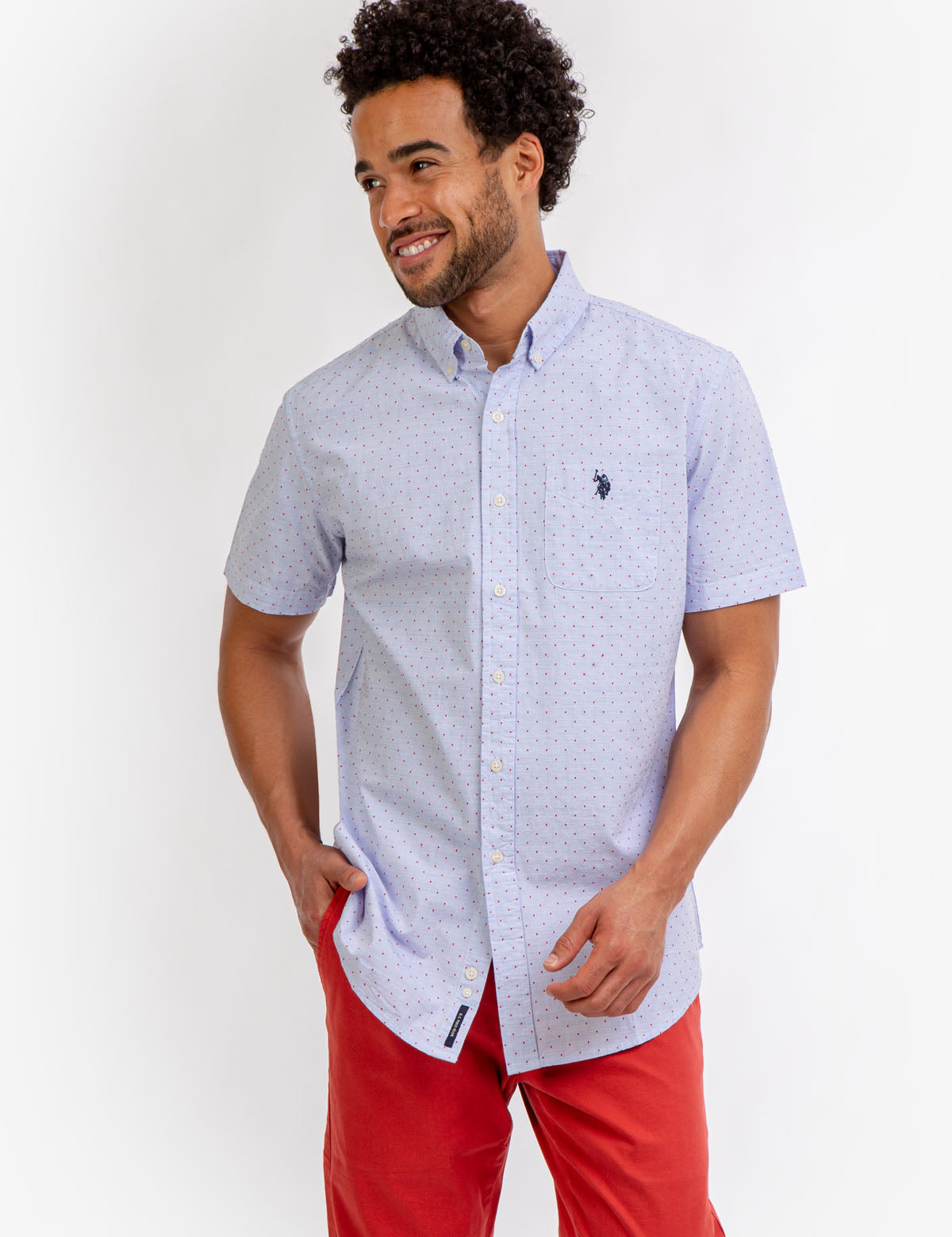 Swiss Dot Cotton Short Sleeve Shirt with Patch Pocket | Classic Fit