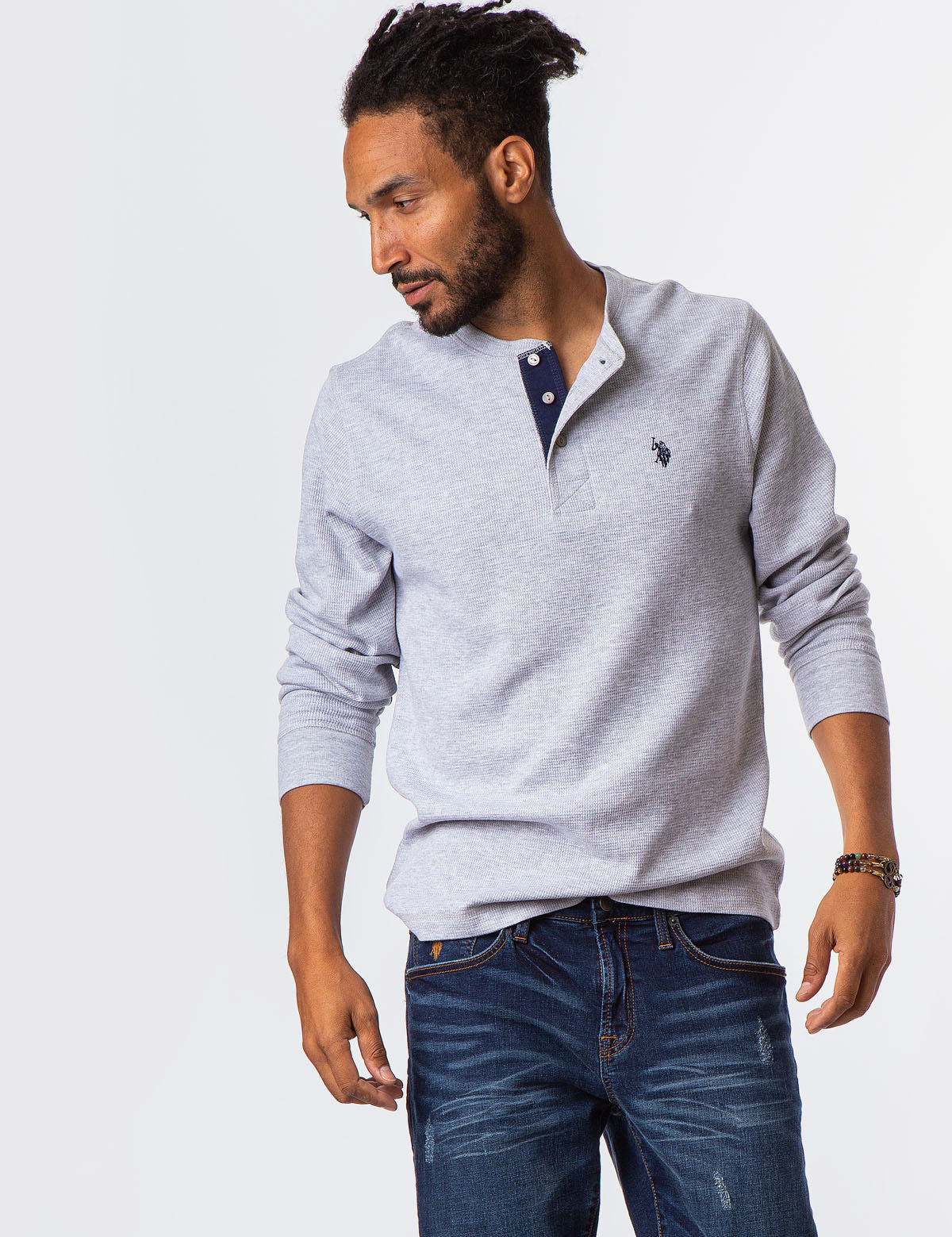 Thermal Henley Shirt with Button Placket & Relaxed Fit | Heathered Crewneck