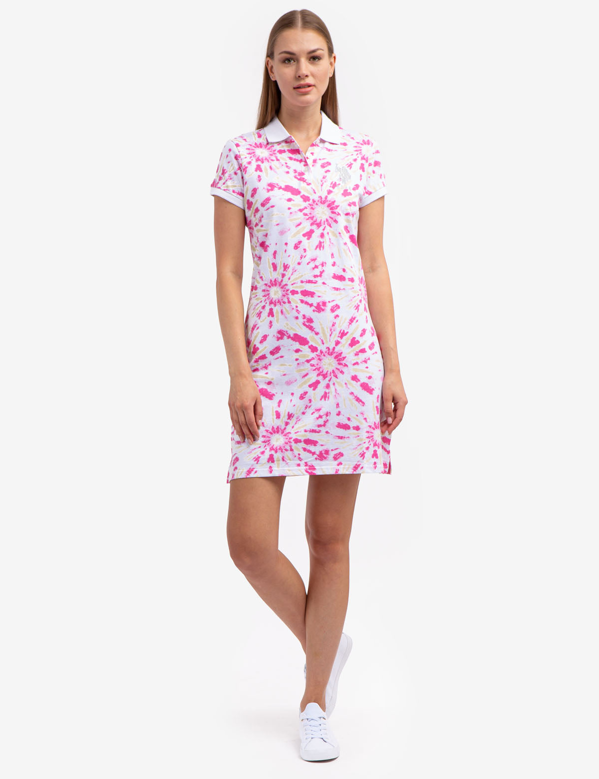 Tie Dye Polo Dress with Contrast Collar & Vented Sides | Short Sleeve