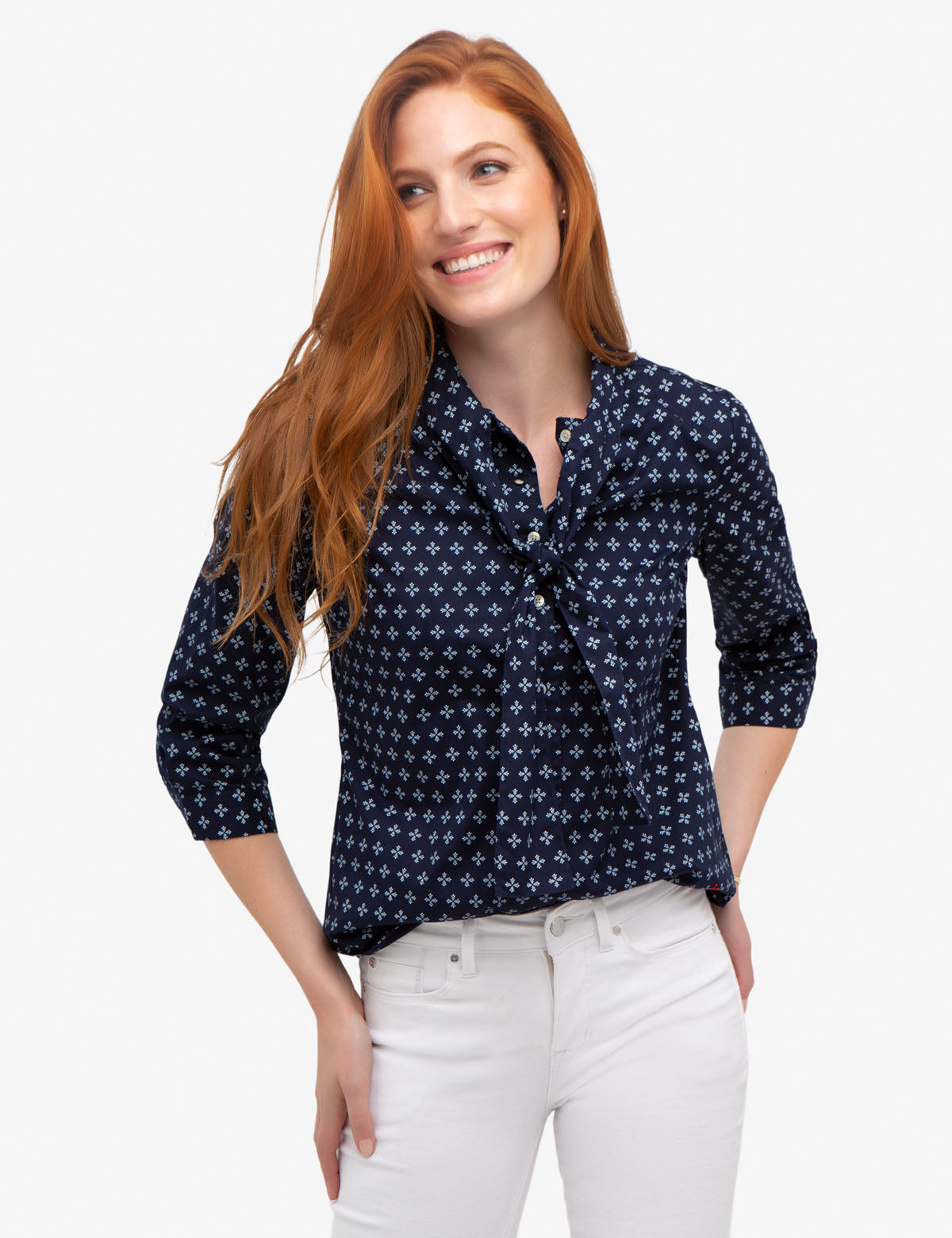 Tie Front Collar Shirt with All Over Print | Cotton & Spandex