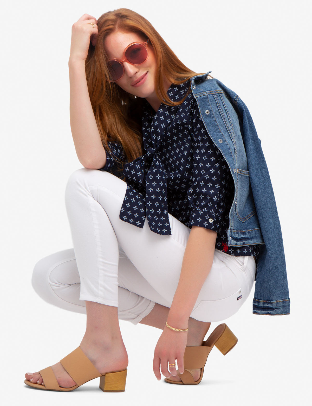 Tie Front Collar Shirt with All Over Print | Cotton & Spandex